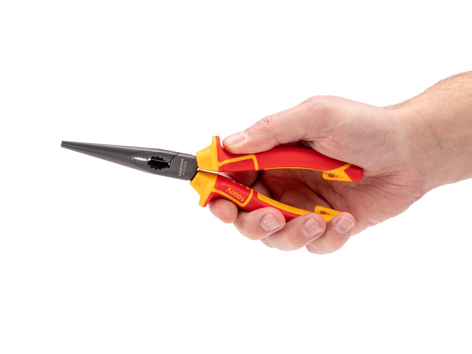 Person holding Tekton 8 inch gripping pliers set. Item #PVG10008