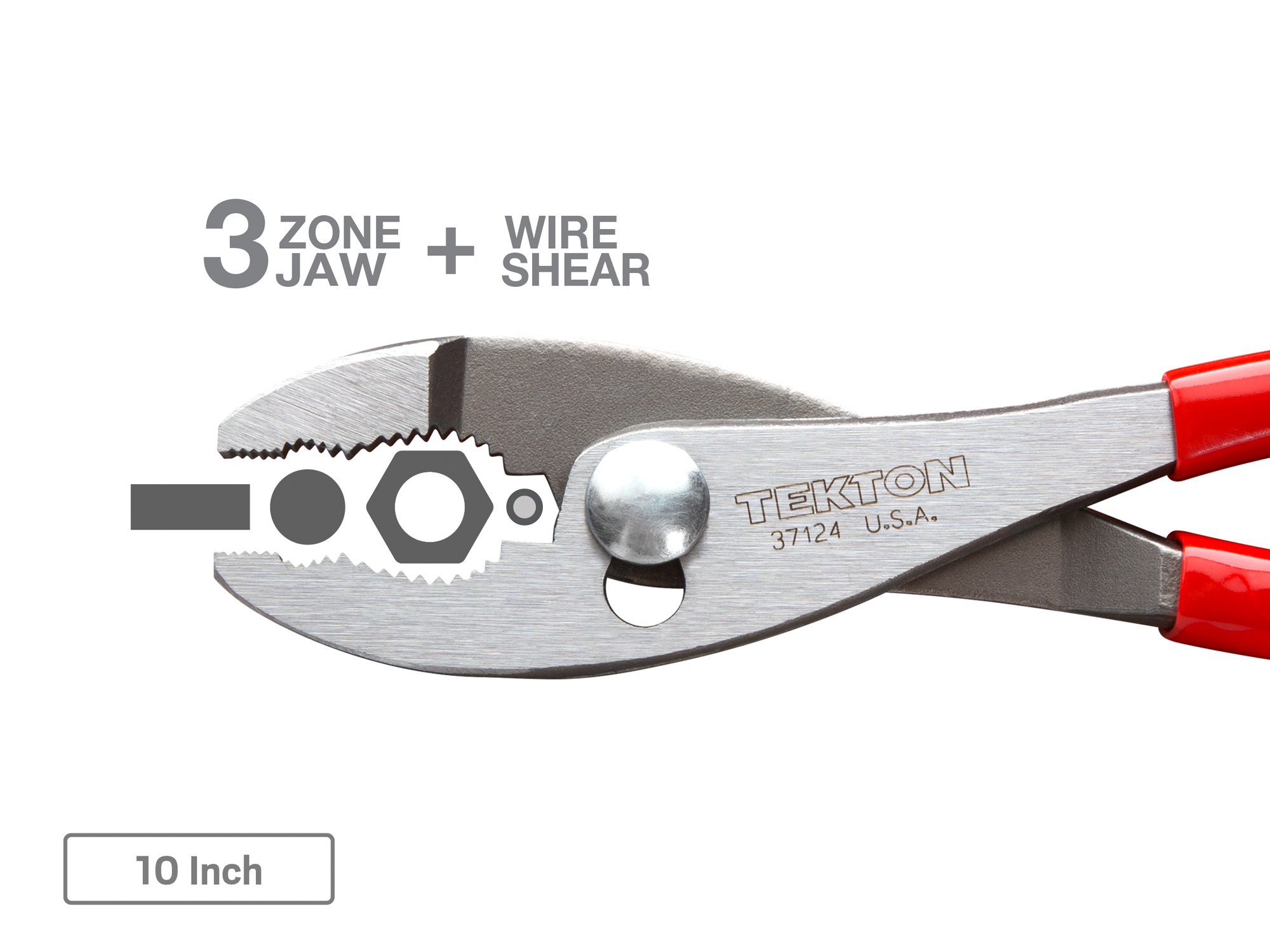 Includes: 6-1/2, 8, 10 inch slip joint pliers. 3-zone jaws for gripping flat, round, hex, and square shapes. Wire shear cleanly cuts solid wire. Made in USA.