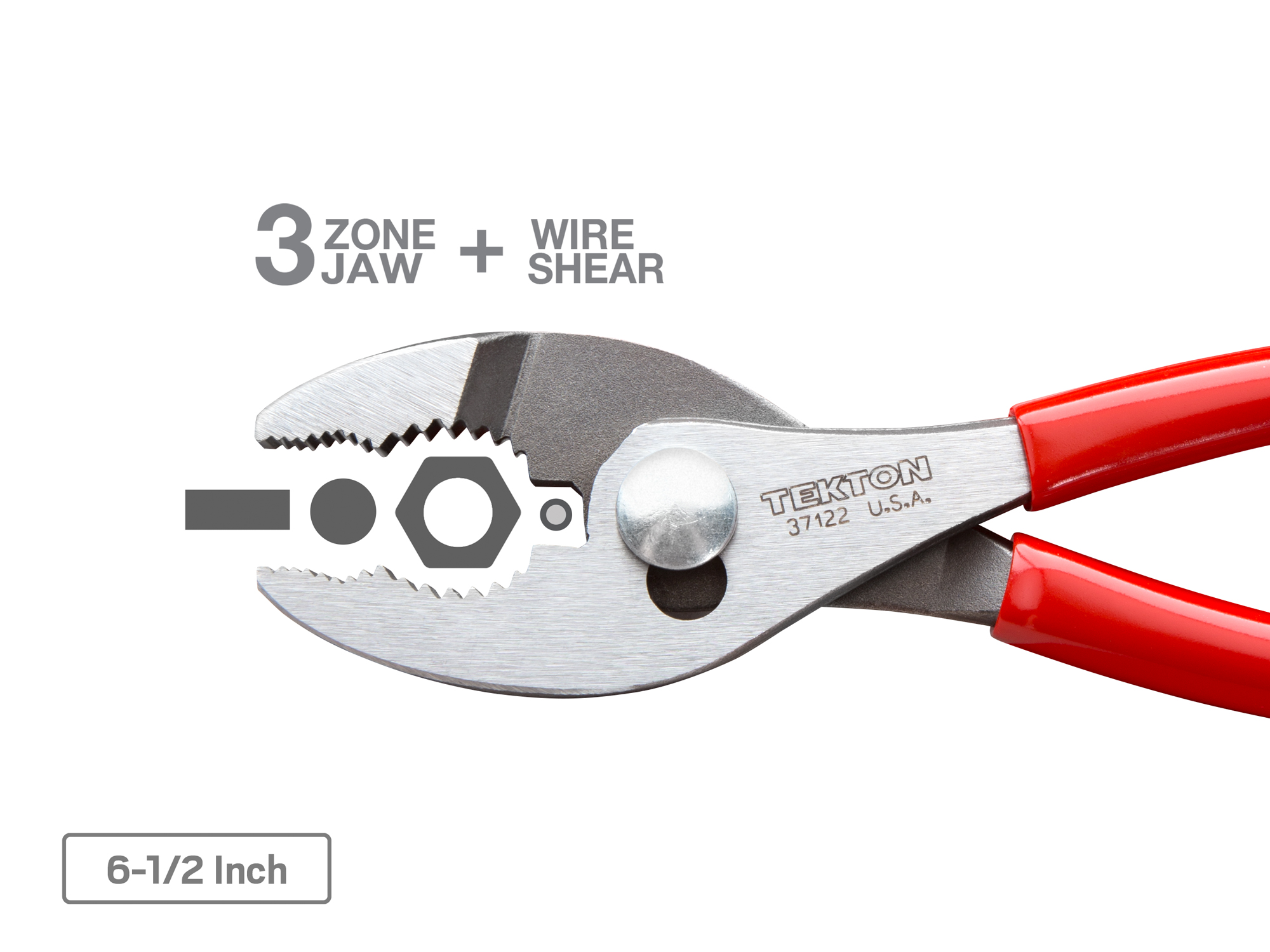 Includes: 6-1/2, 8, 10 inch slip joint pliers. 3-zone jaws for gripping flat, round, hex, and square shapes. Wire shear cleanly cuts solid wire. Made in USA.