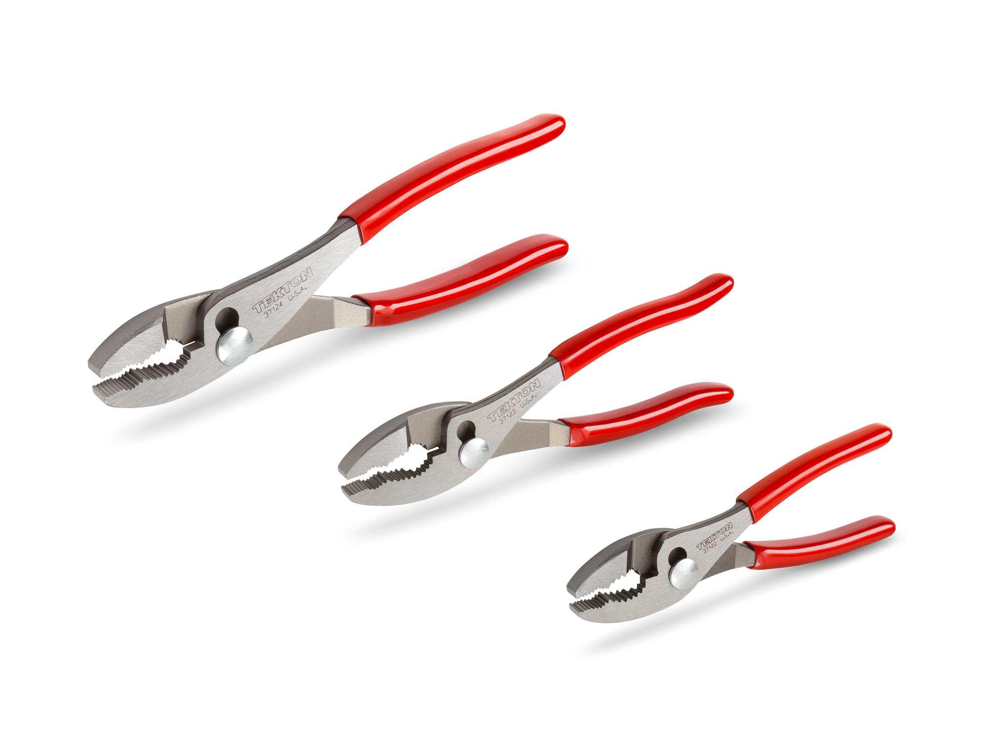 Front-right angle view of Tekton 10 inch,6 1/2 inch,8 inch gripping pliers set. Item #PGA10103