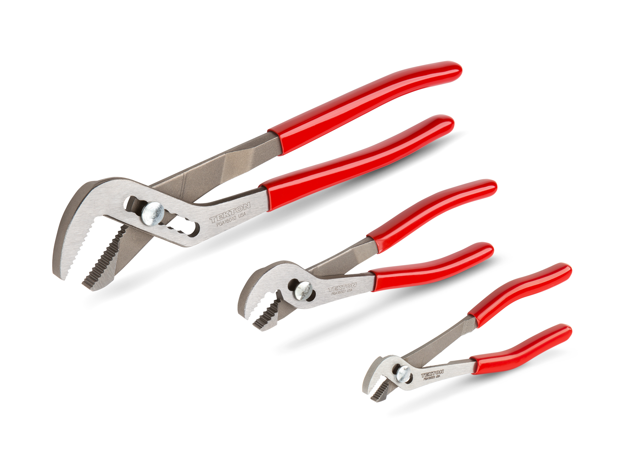 Includes: 5, 7, and 10 inch angle nose slip joint pliers. Angled teeth offer a bite like a pipe wrench. Slip joint adjusts to multiple positions. PGA16103.