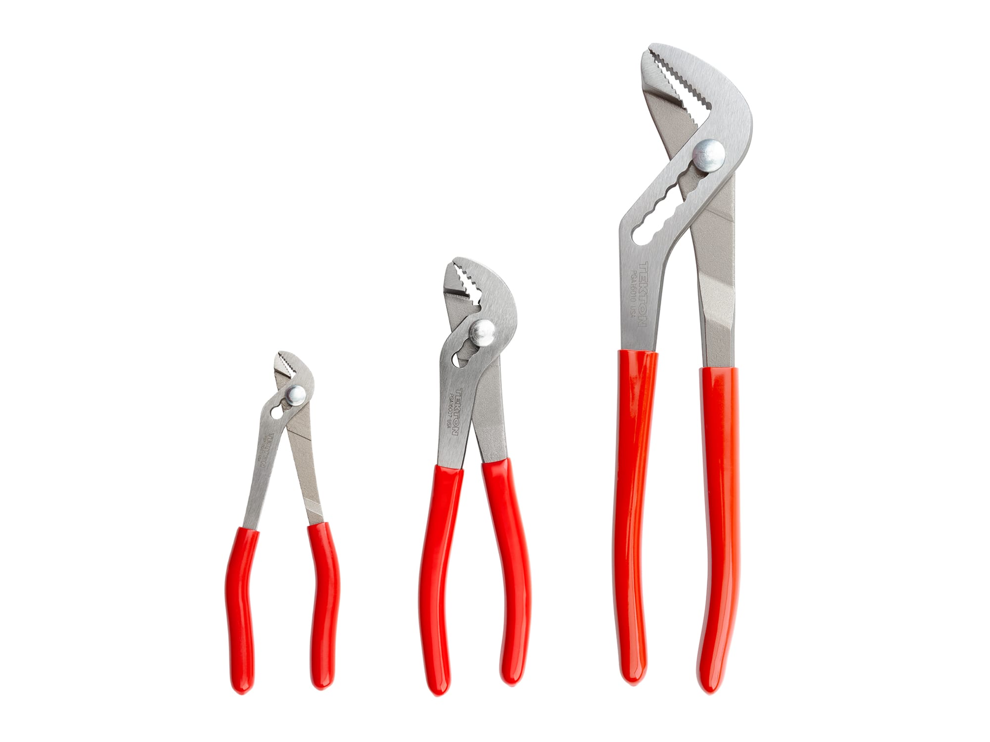 Includes: 5, 7, and 10 inch angle nose slip joint pliers. Angled teeth offer a bite like a pipe wrench. Slip joint adjusts to multiple positions. PGA16103.