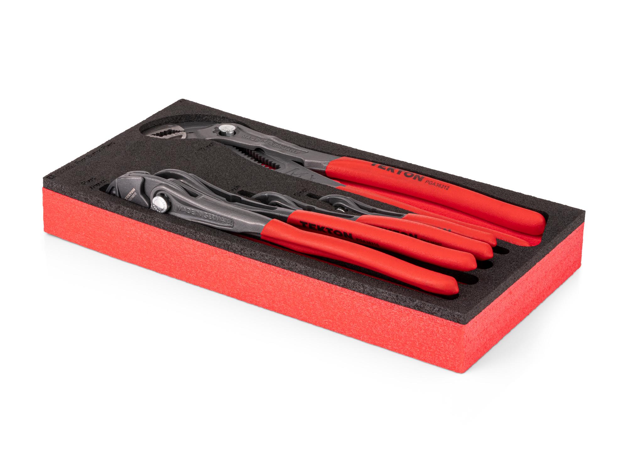 Angled view of red Tekton pliers set with 12 x 6 inch foam organizer. PLR98000