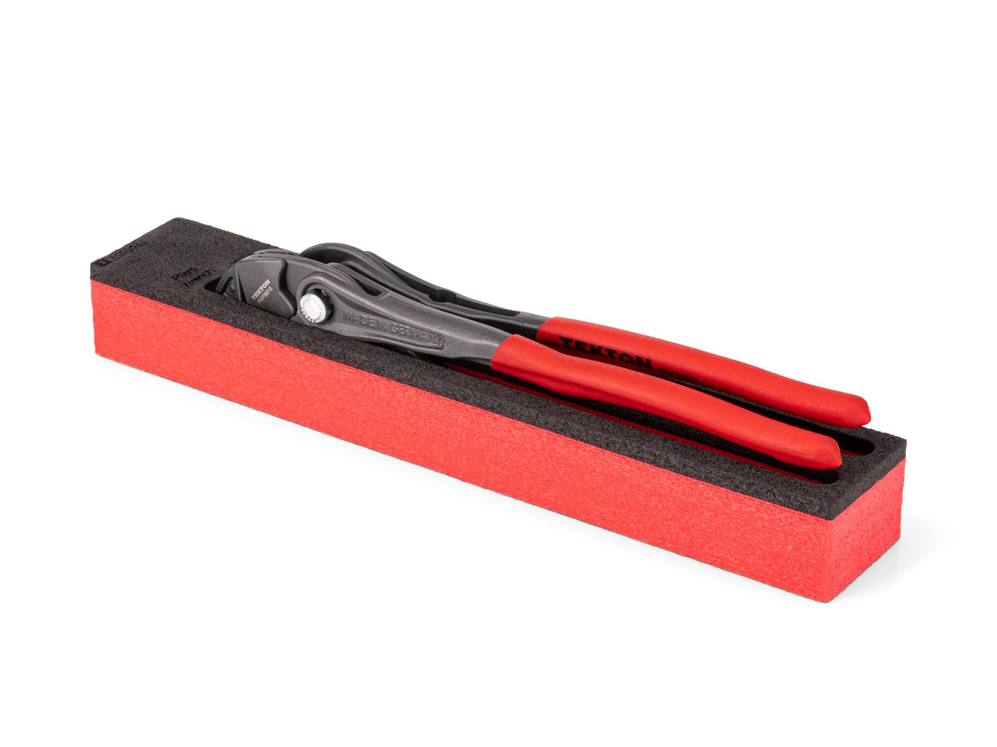 Angled view of red Tekton pliers set with 12 x 2 inch foam organizer. PLR98001