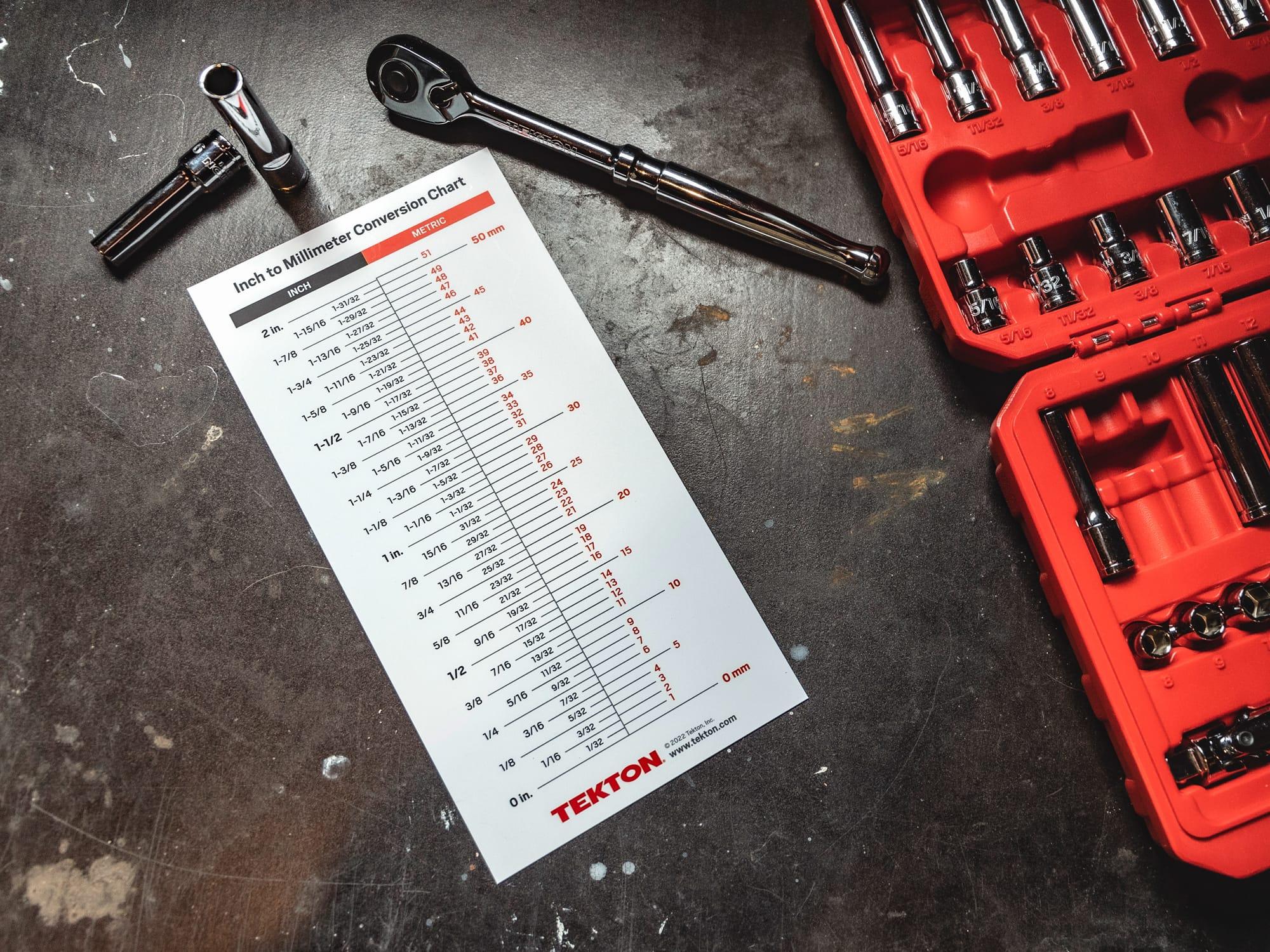 A Tekton inch to metric conversion card (Item #APG40001) on a work bench.