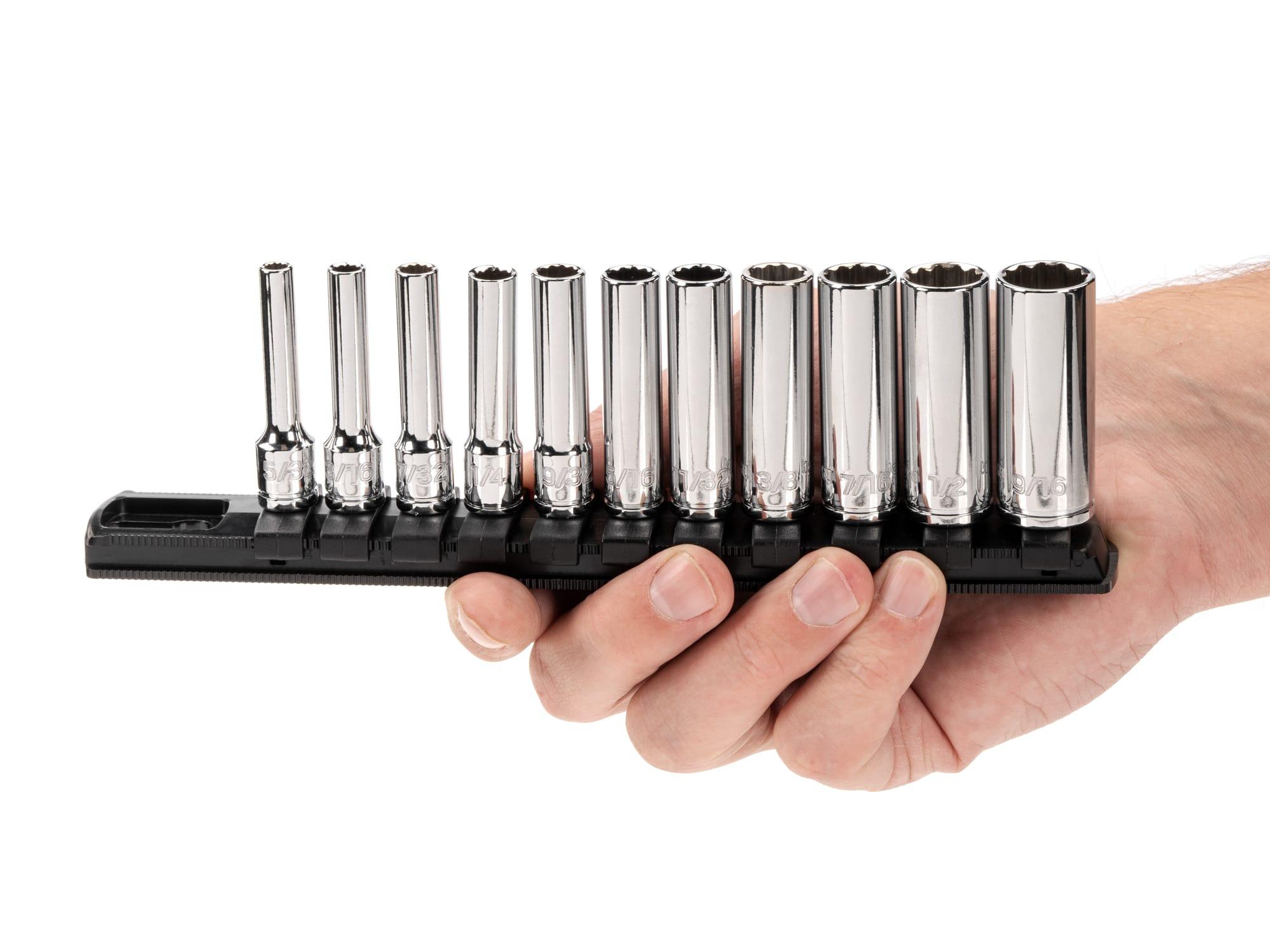 Person holding Tekton rail hand drive 12-point socket set. Item #SHD90107
