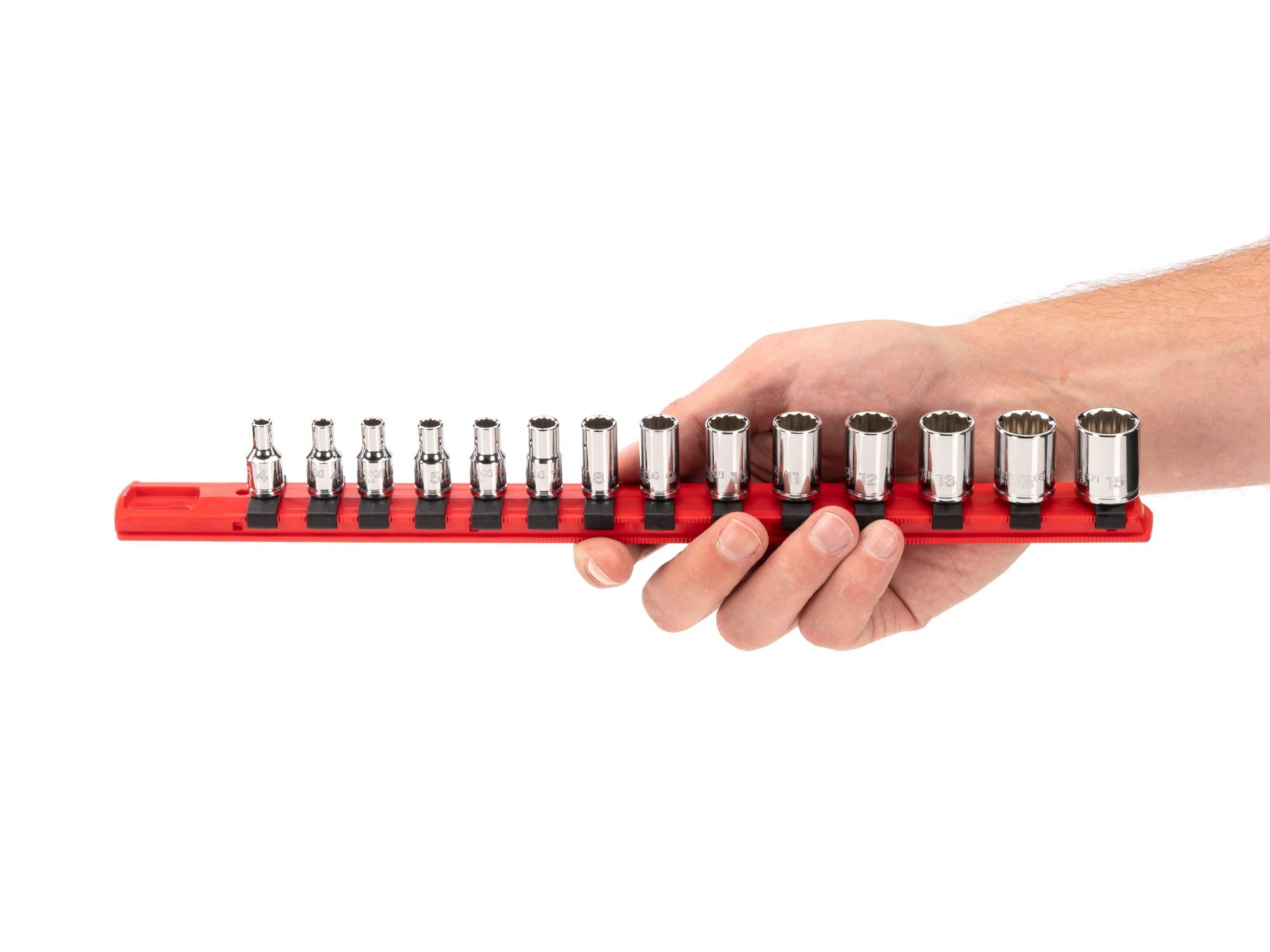 Person holding Tekton rail hand drive 12-point socket set. Item #SHD90112