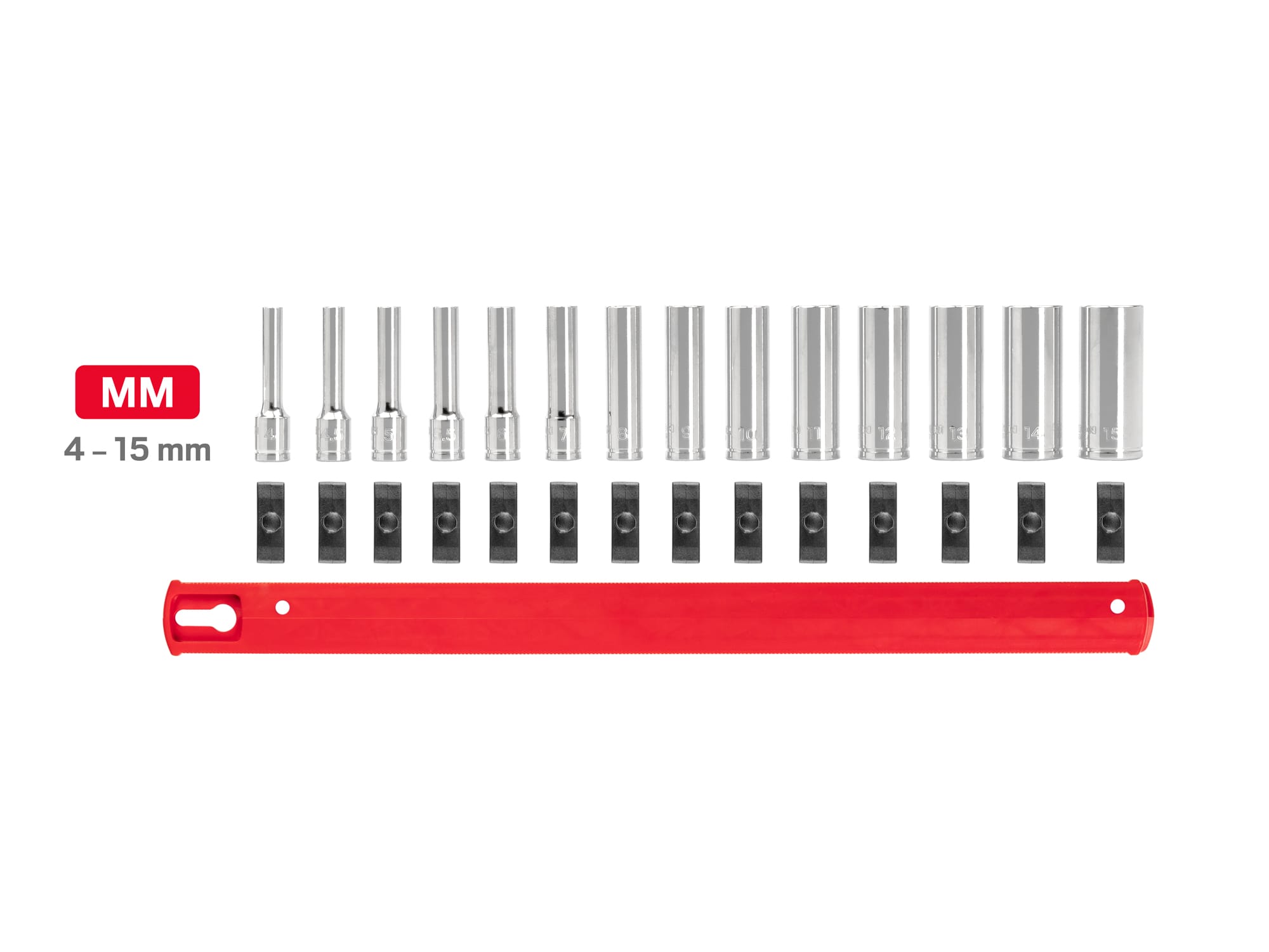 TEKTON 1/4 Inch Drive Deep 12-Point Socket Set with Rail, 14-Piece (4-15 mm)