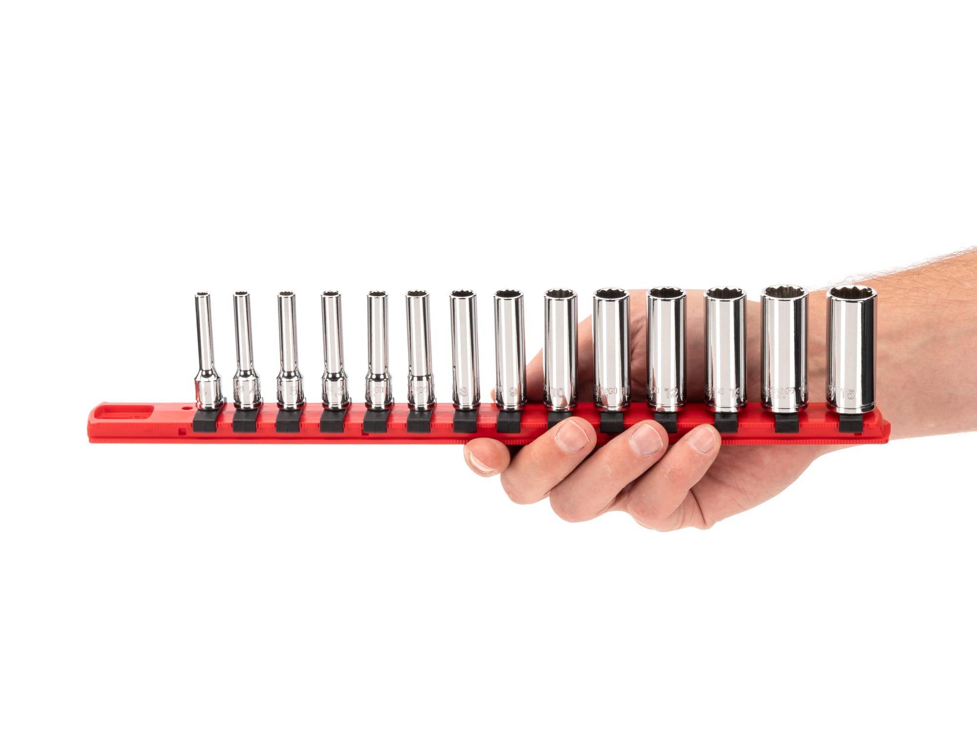 Person holding Tekton rail hand drive 12-point socket set. Item #SHD90114