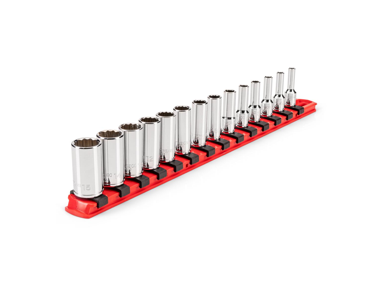 TEKTON 1/4 Inch Drive Semi-Deep 12-Point Socket Set with Rail, 14-Piece (4 - 15 mm)