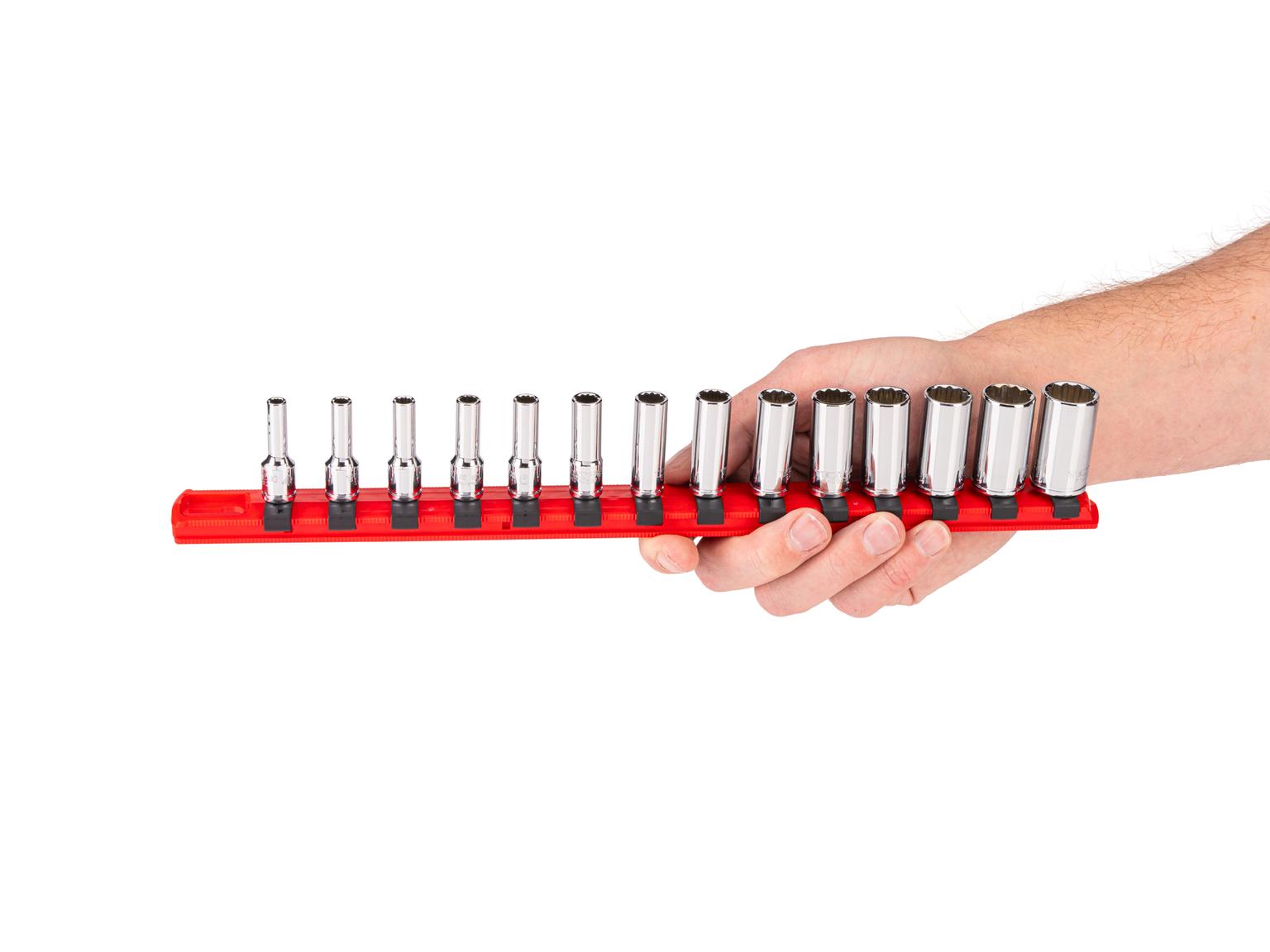 Person holding Tekton rail hand drive 12-point socket set. Item #SHD90118