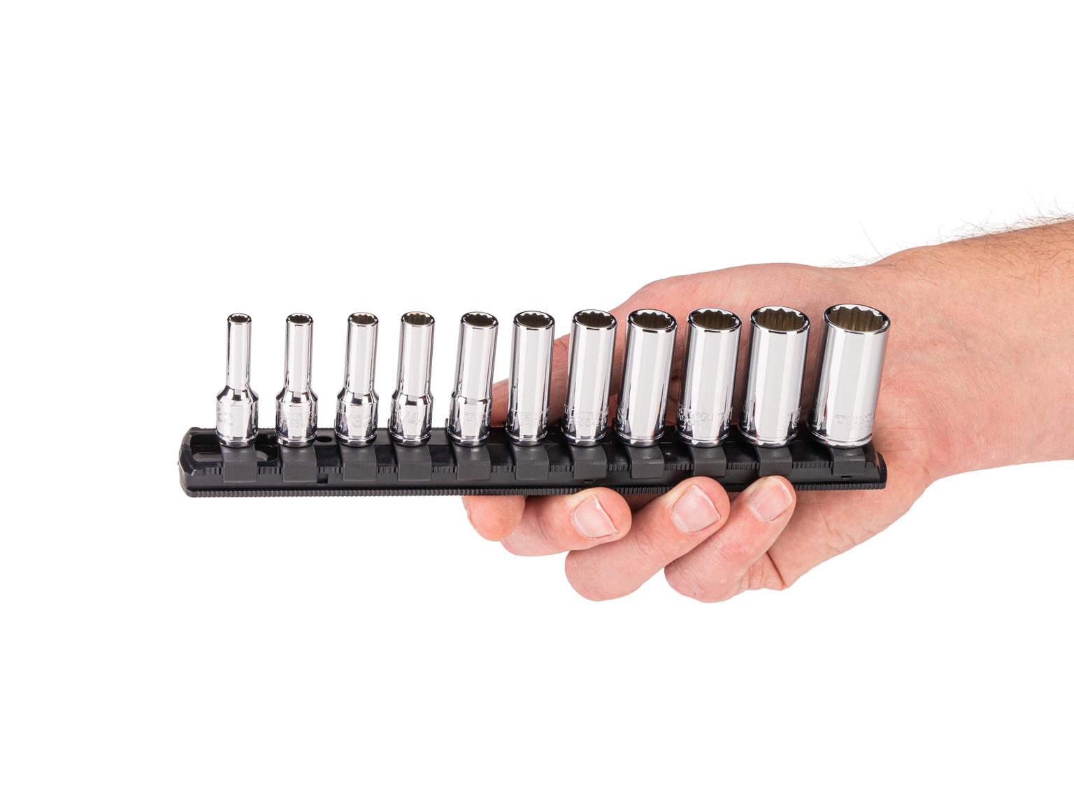 Person holding Tekton rail hand drive 12-point socket set. Item #SHD90119