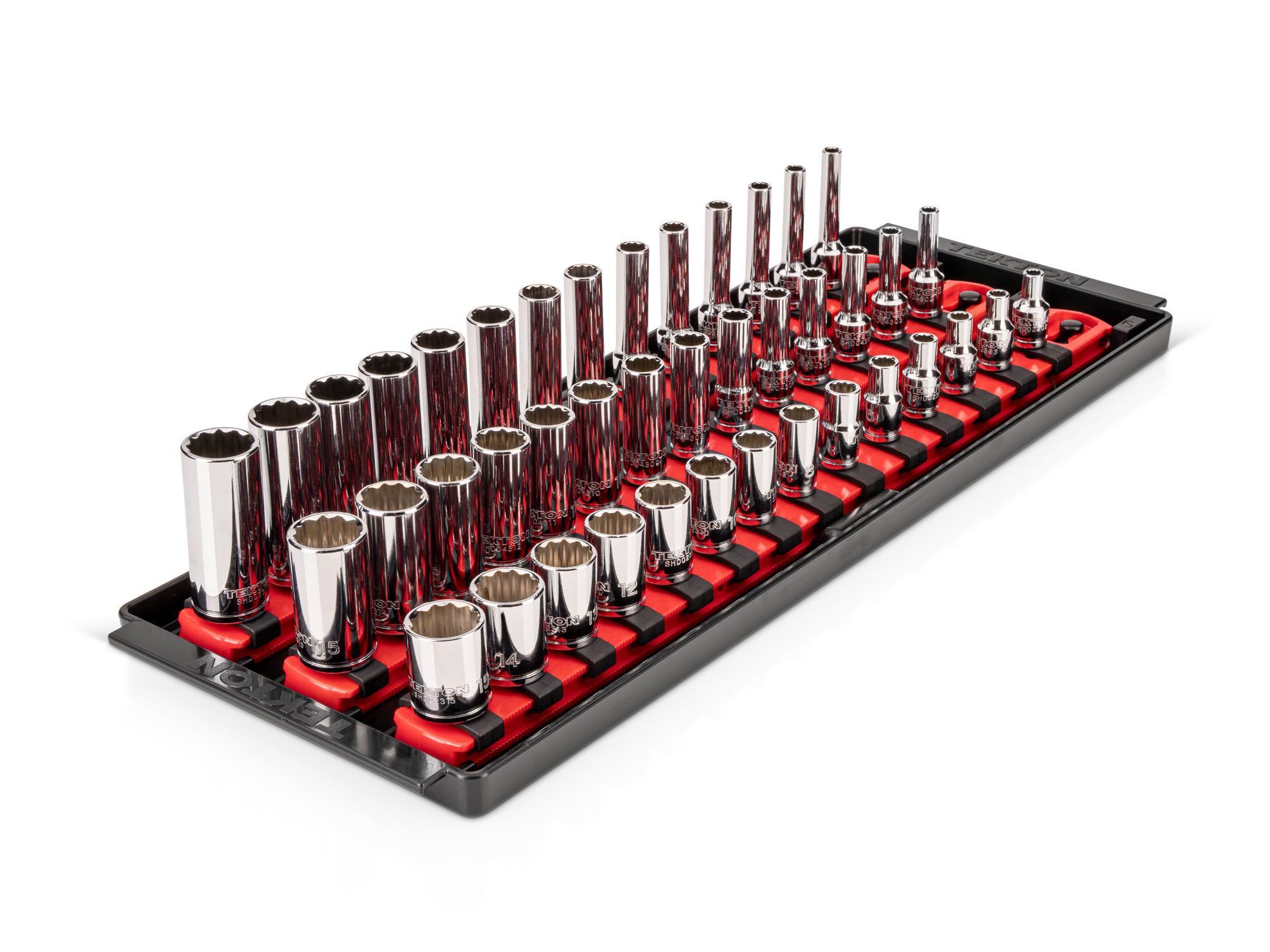 1/4 Inch Drive Shallow, Semi-Deep, and Deep 12-Point Socket Set with Rails and Tray (42-Piece)