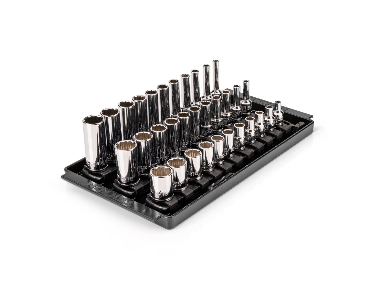 TEKTON 1/4 Inch Drive Shallow, Semi-Deep, and Deep 12-Point Socket Set with Rails and Trays, 33-Piece (5/32 - 9/16 in.)