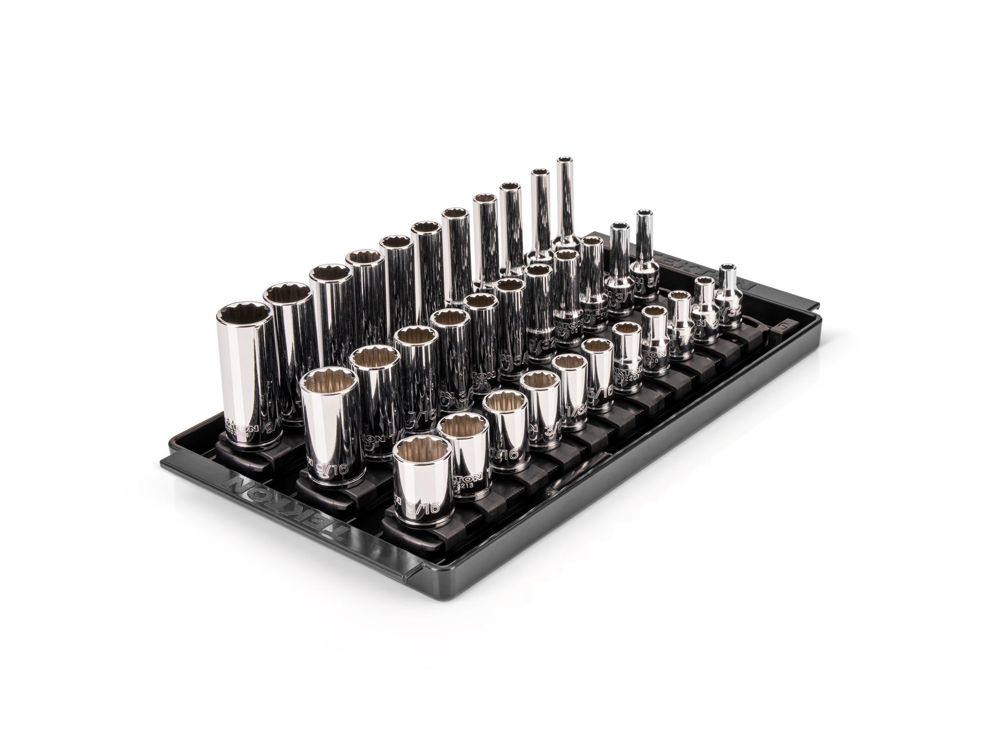 1/4 Inch Drive Shallow, Semi-Deep, and Deep 12-Point Socket Set with Rails and Tray (33-Piece)