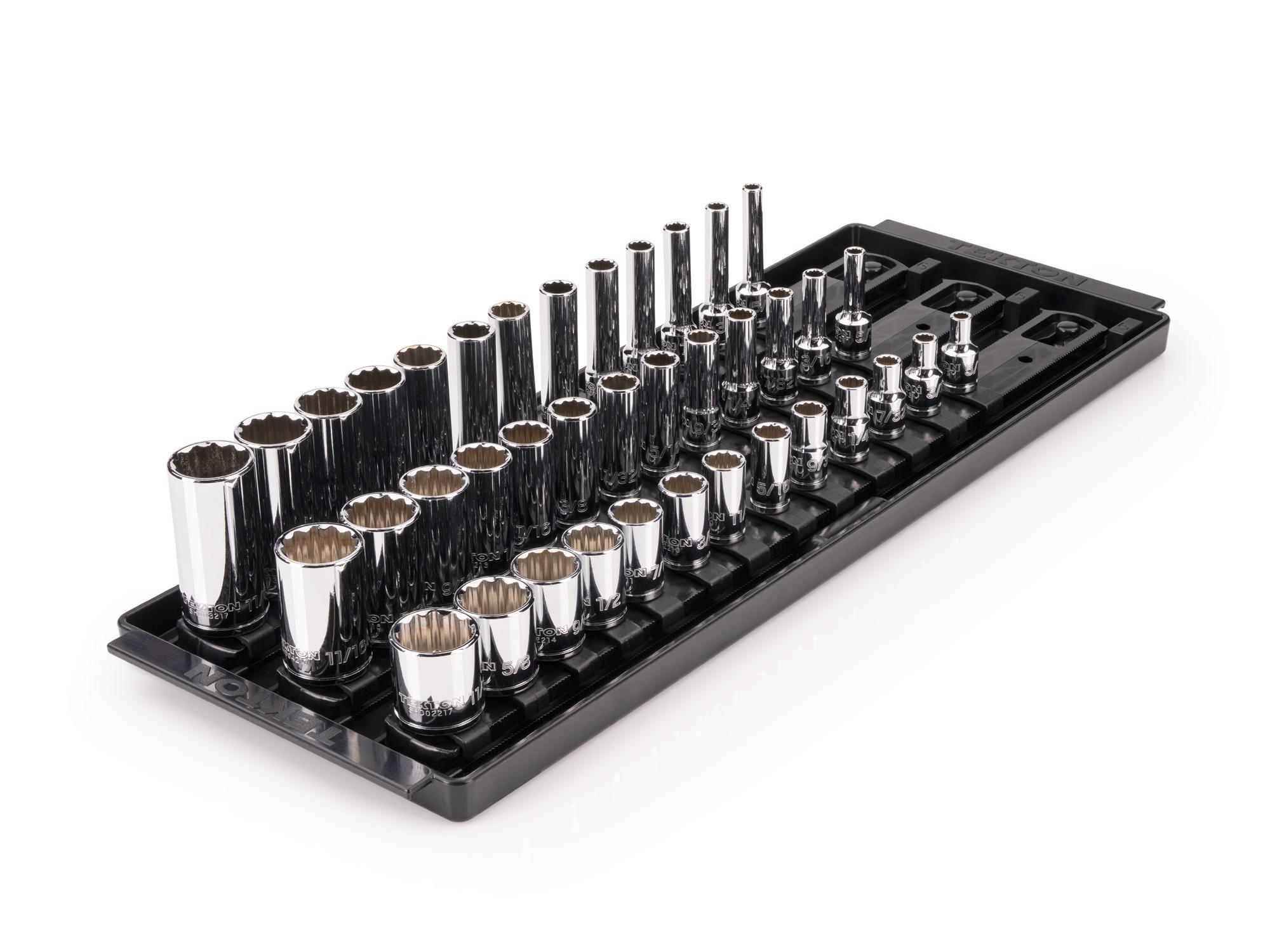 TEKTON 1/4 Inch Drive Shallow, Semi-Deep, and Deep 12-Point Socket Set with Rails and Tray, 39-Piece (5/32 - 11/16 in.)
