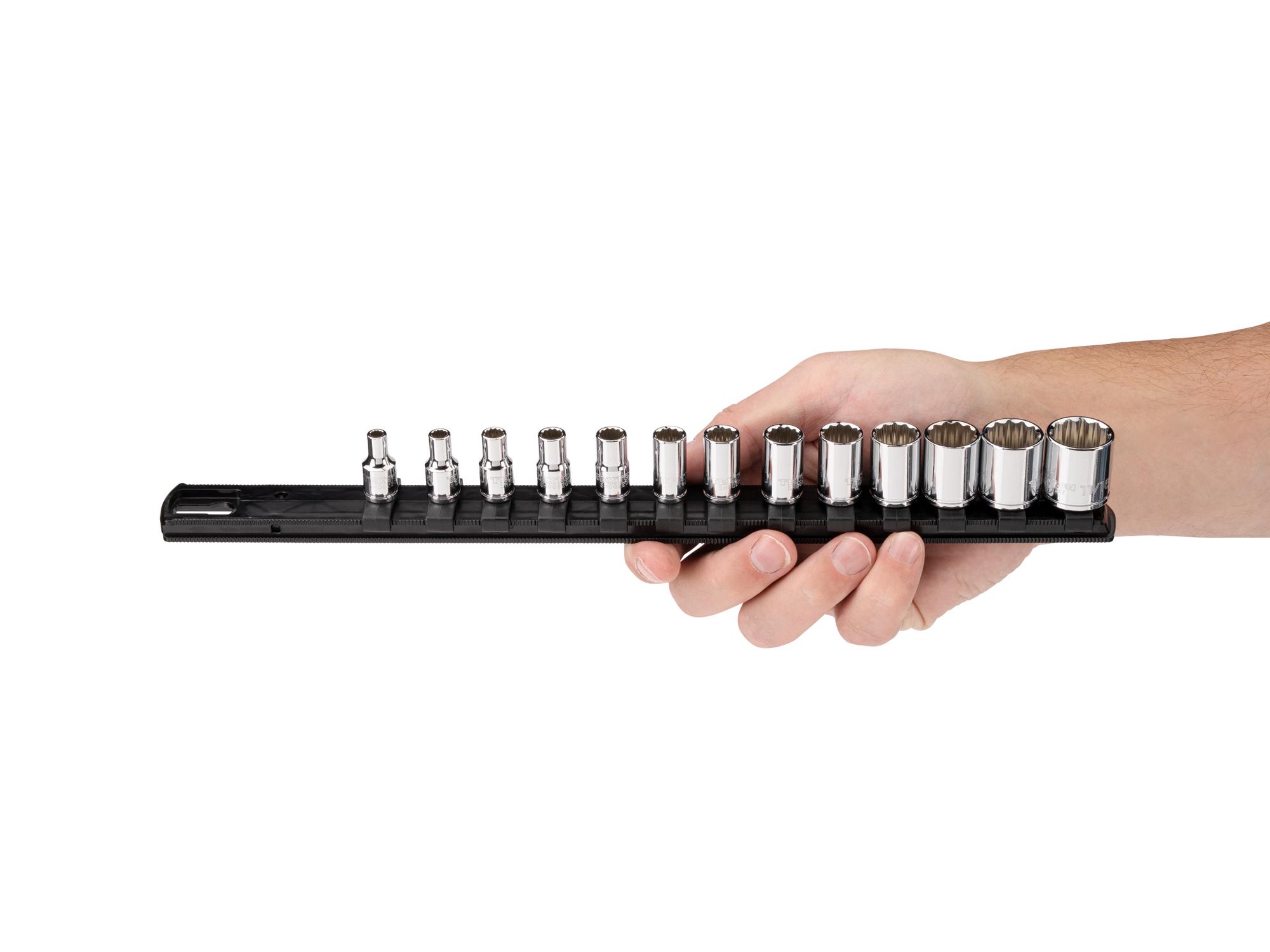 Person holding Tekton rail hand drive 12-point socket set. Item #SHD90133