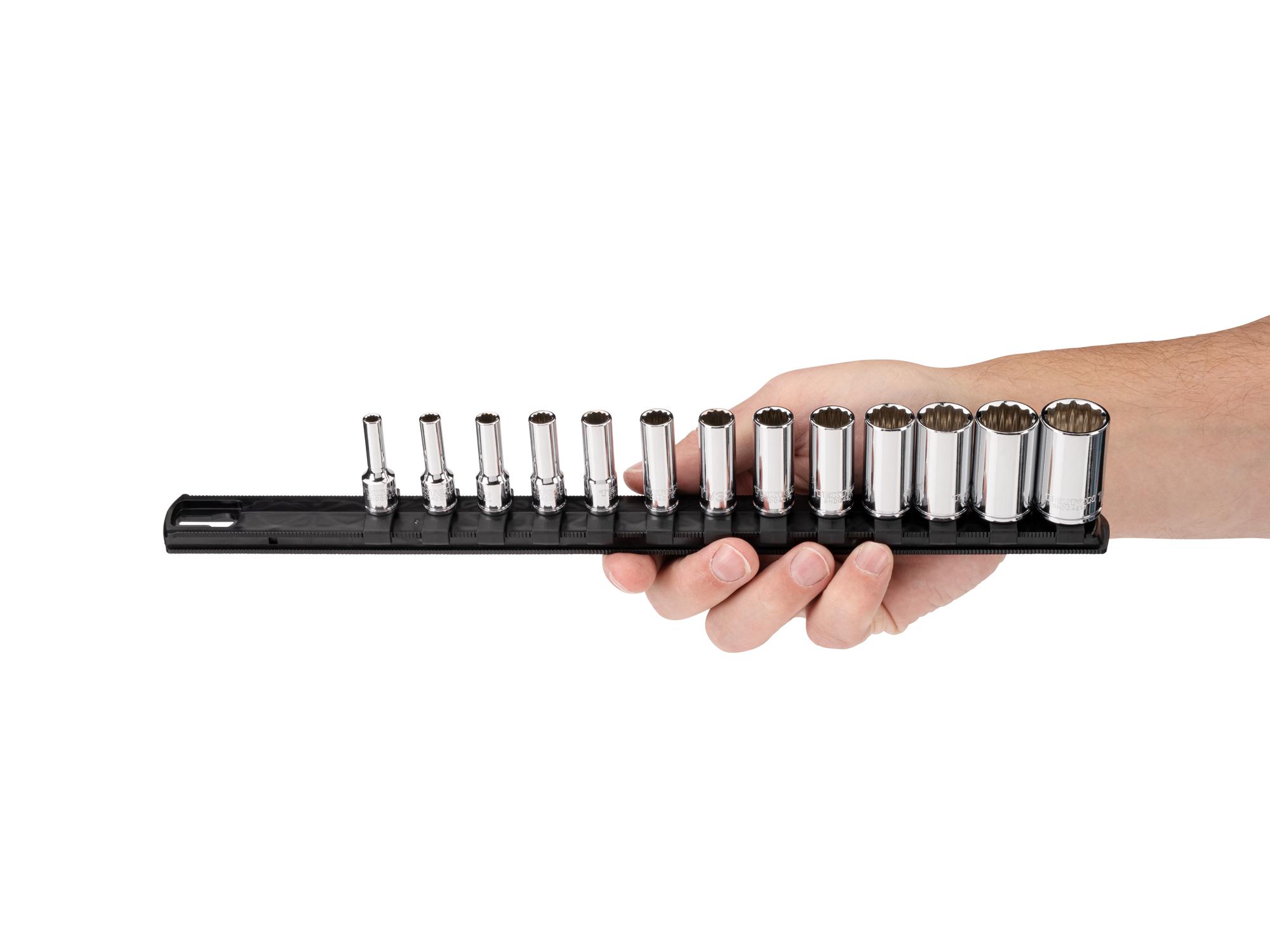 Person holding Tekton rail hand drive 12-point socket set. Item #SHD90134