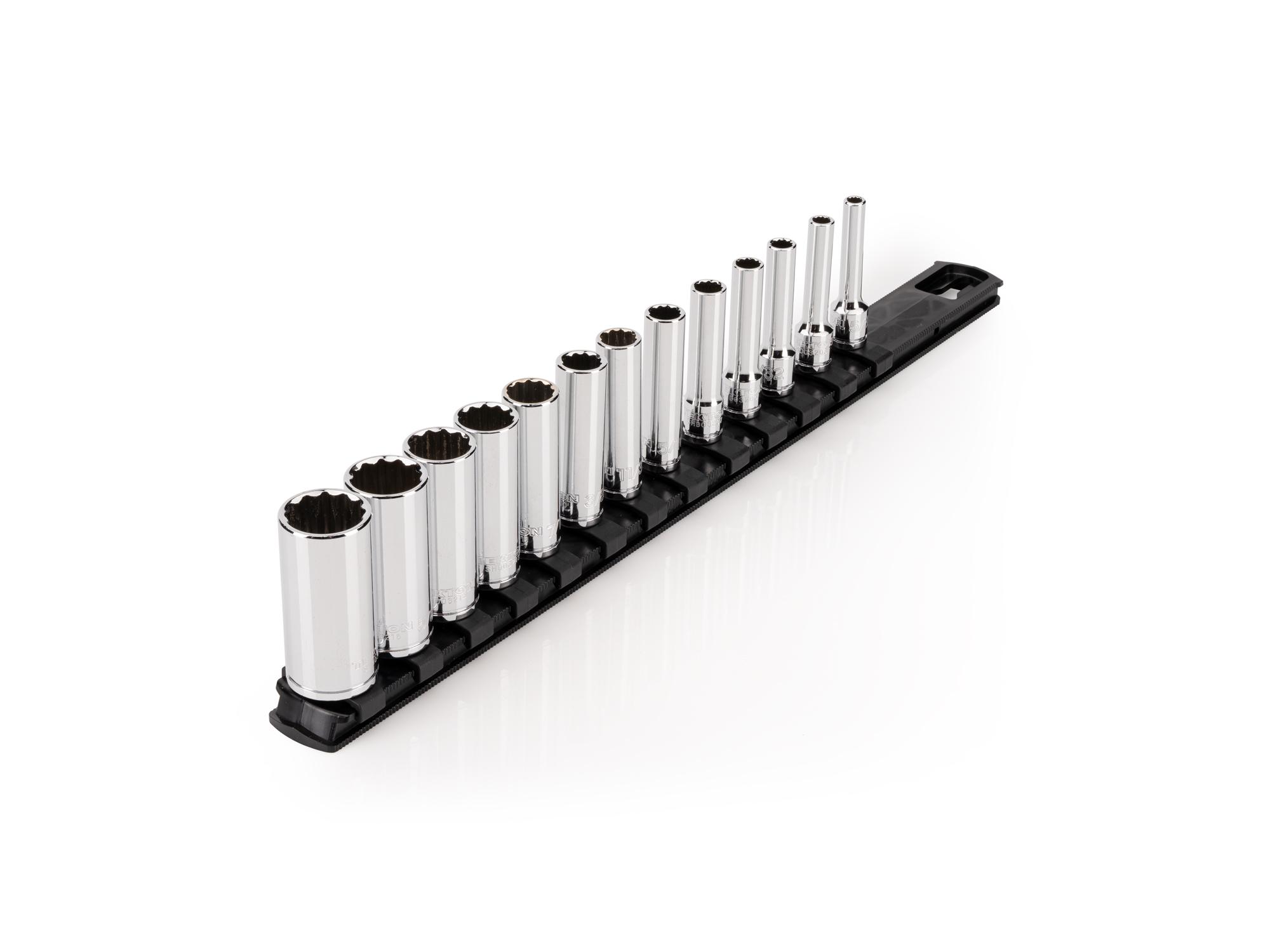 TEKTON 1/4 Inch Drive Deep 12-Point Socket Set with Rail, 13-Piece (5/32 - 11/16 in.)