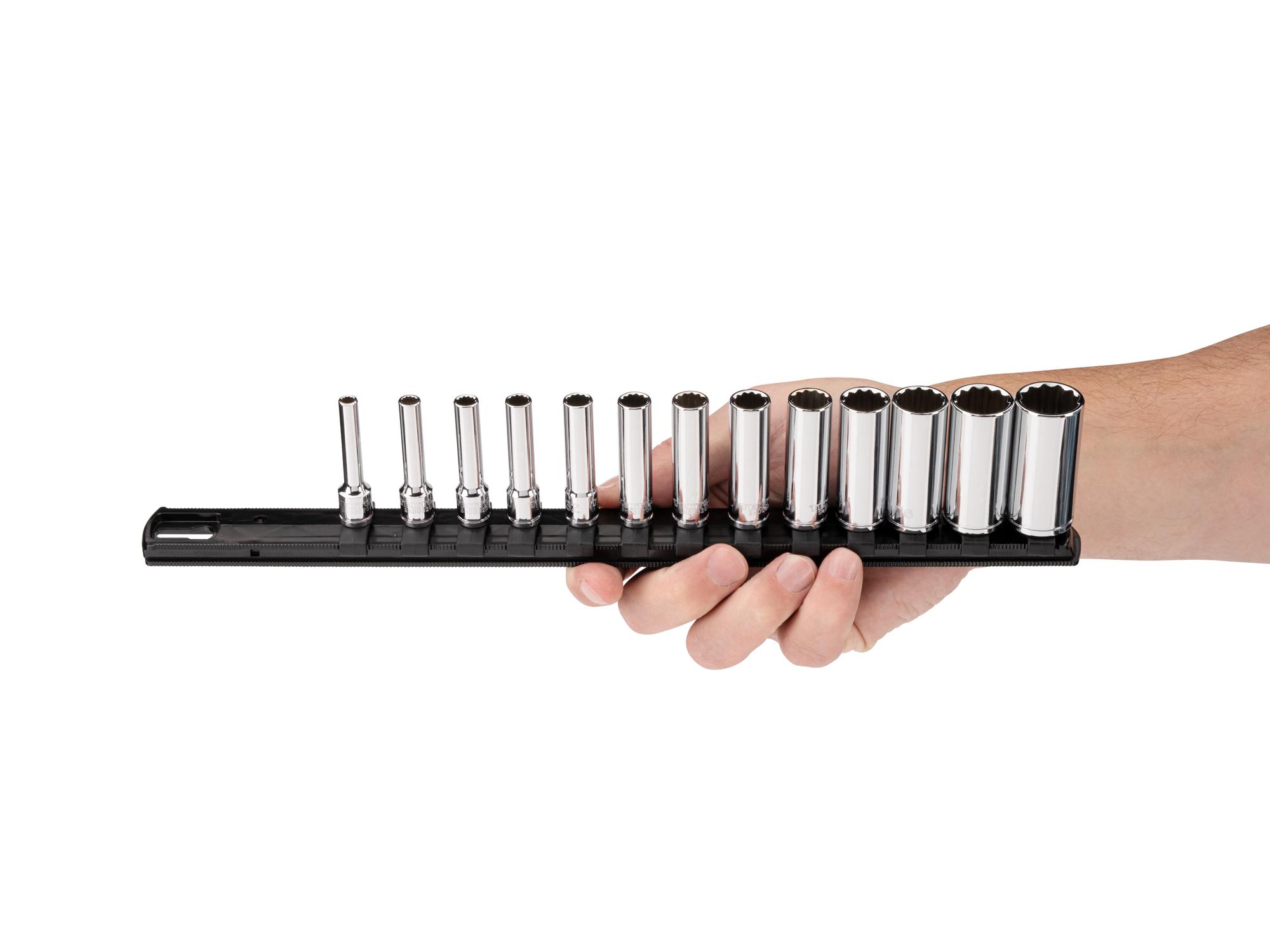 Person holding Tekton rail hand drive 12-point socket set. Item #SHD90135