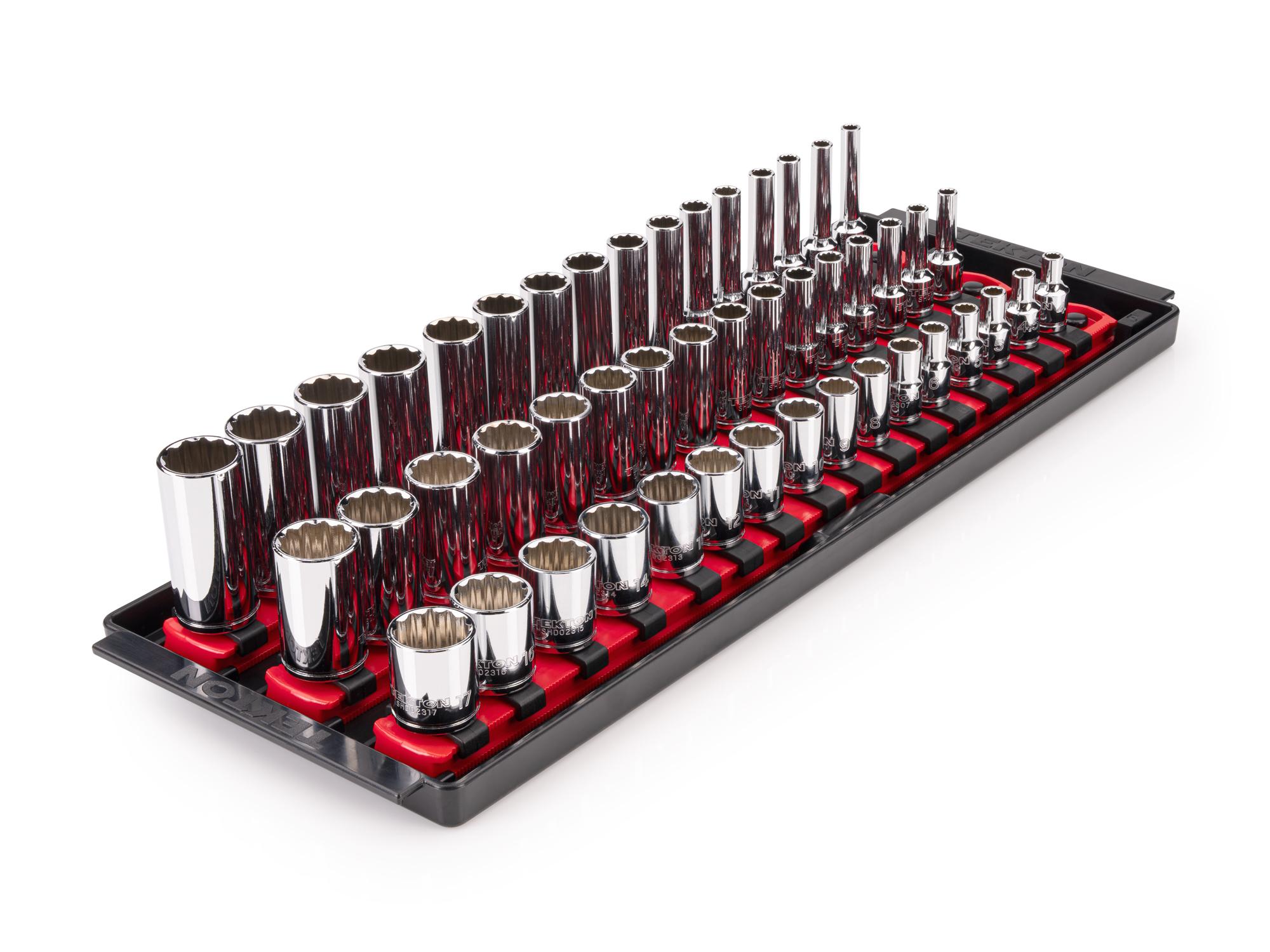 TEKTON 1/4 Inch Drive Shallow, Semi-Deep, and Deep 12-Point Socket Set with Rails and Tray, 48-Piece (4 - 17 mm)