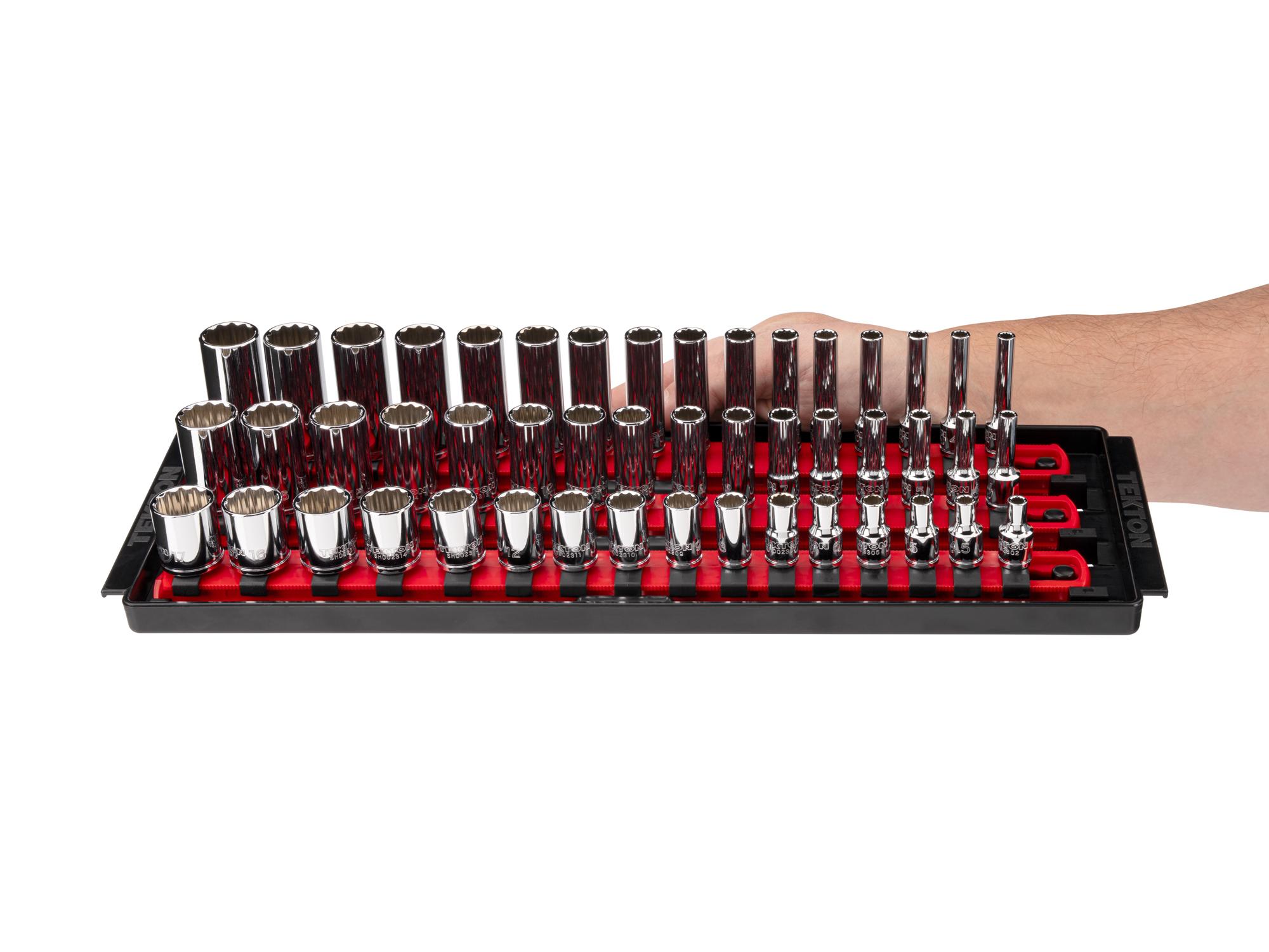 Person holding Tekton rail hand drive 12-point socket set. Item #SHD90136