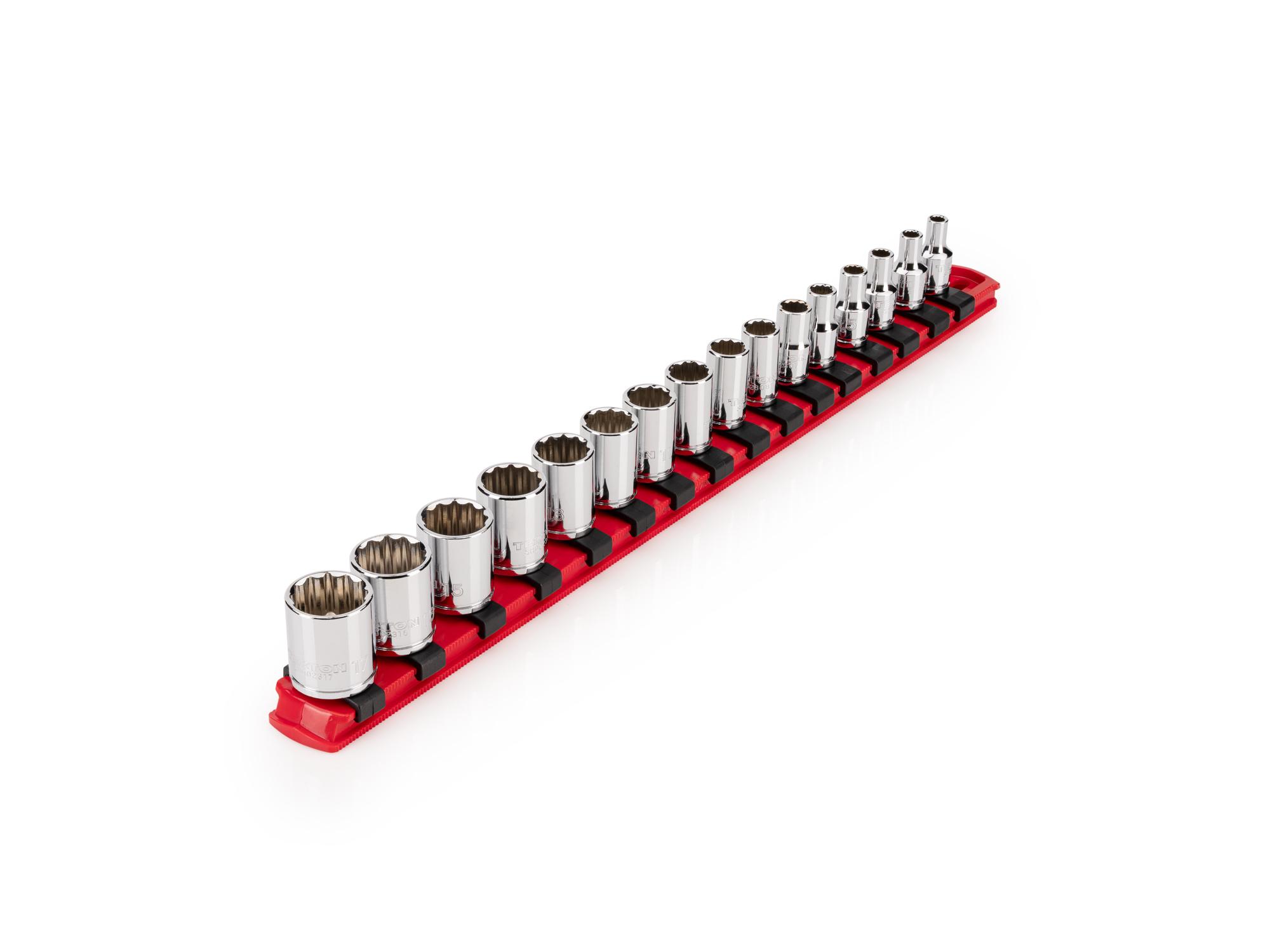 TEKTON 1/4 Inch Drive Shallow 12-Point Socket Set with Rail, 16-Piece (4 - 17 mm)