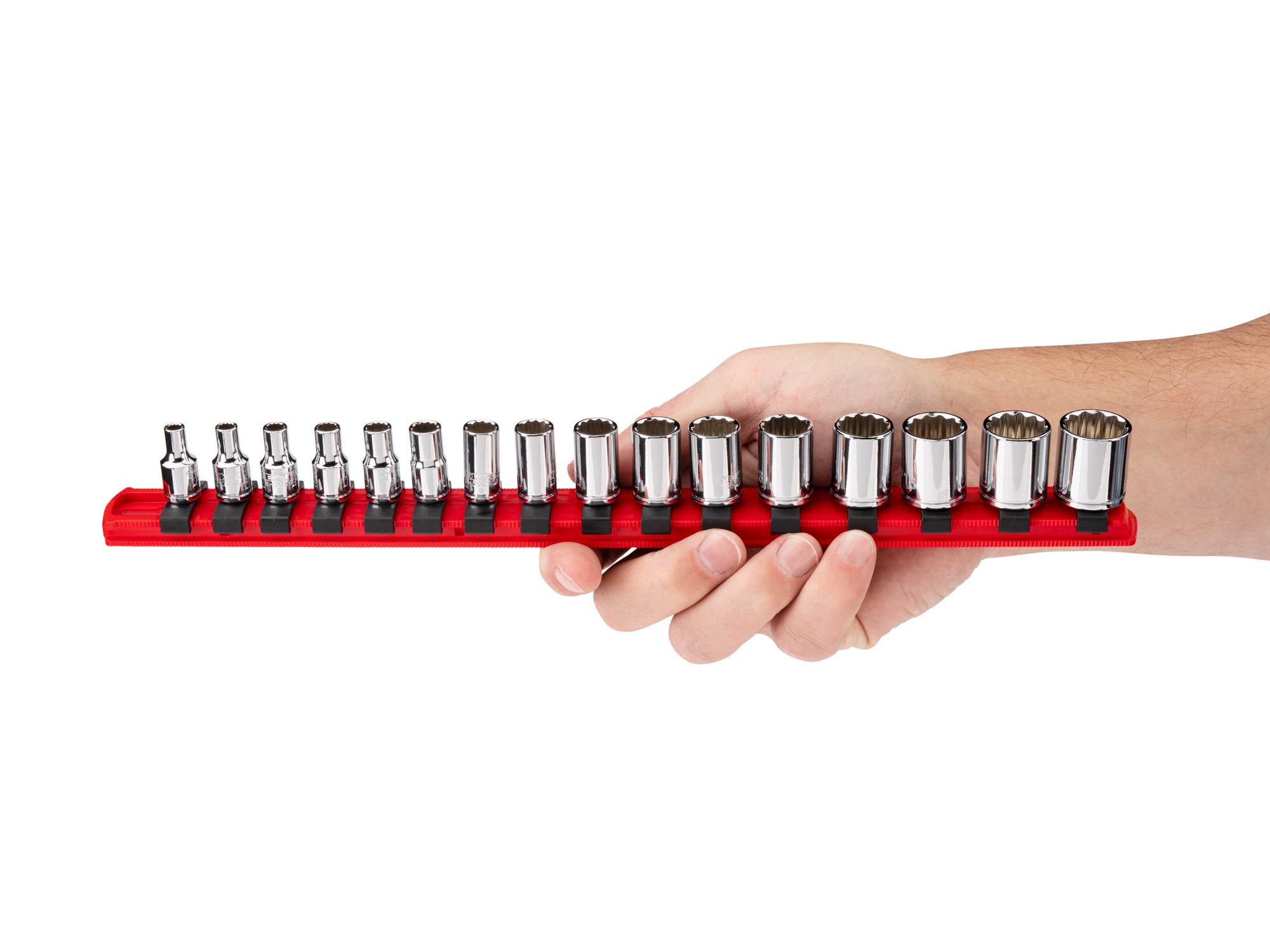 Person holding Tekton rail hand drive 12-point socket set. Item #SHD90137