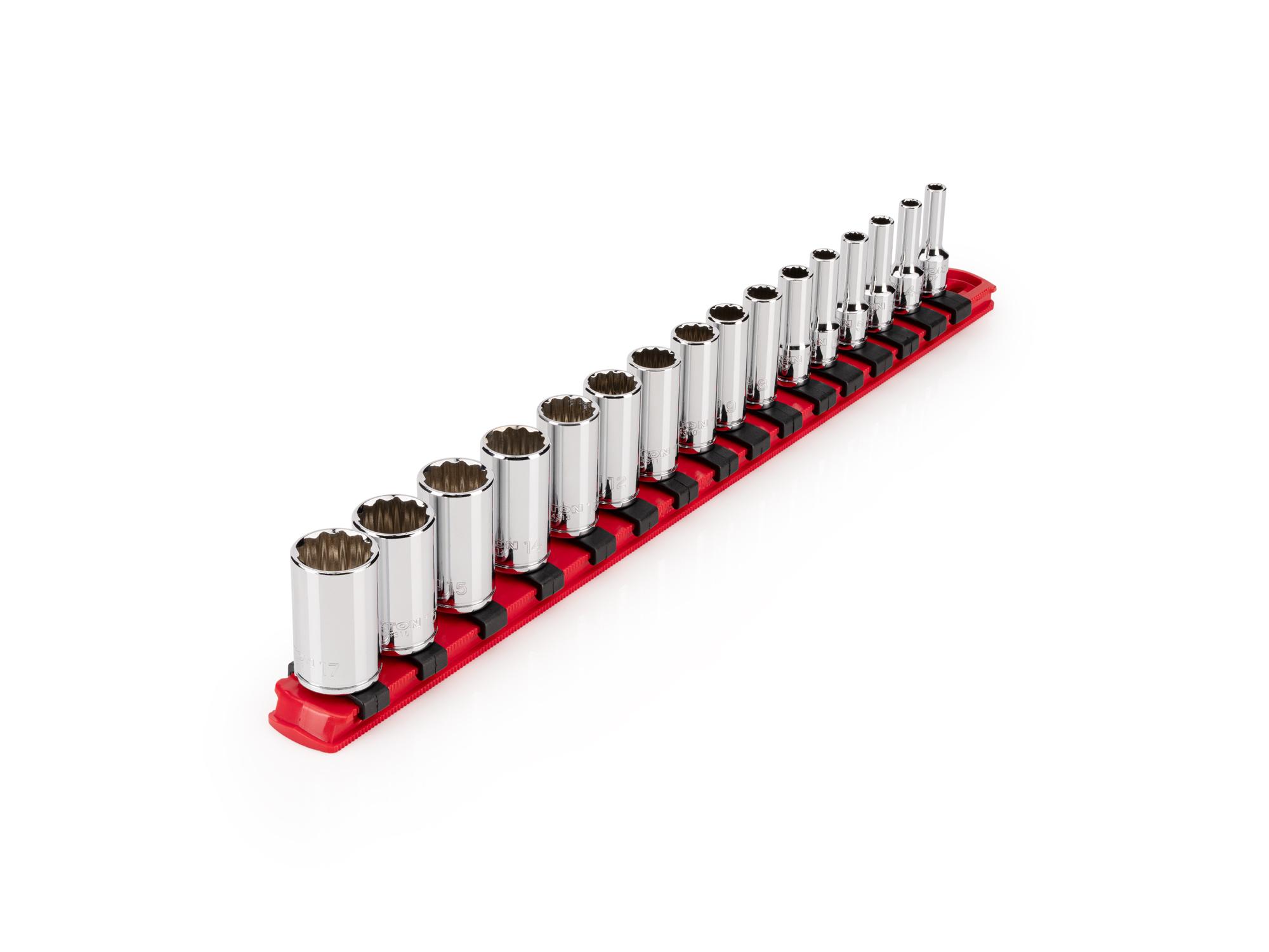 TEKTON 1/4 Inch Drive Semi-Deep 12-Point Socket Set with Rail, 16-Piece (4 - 17 mm)