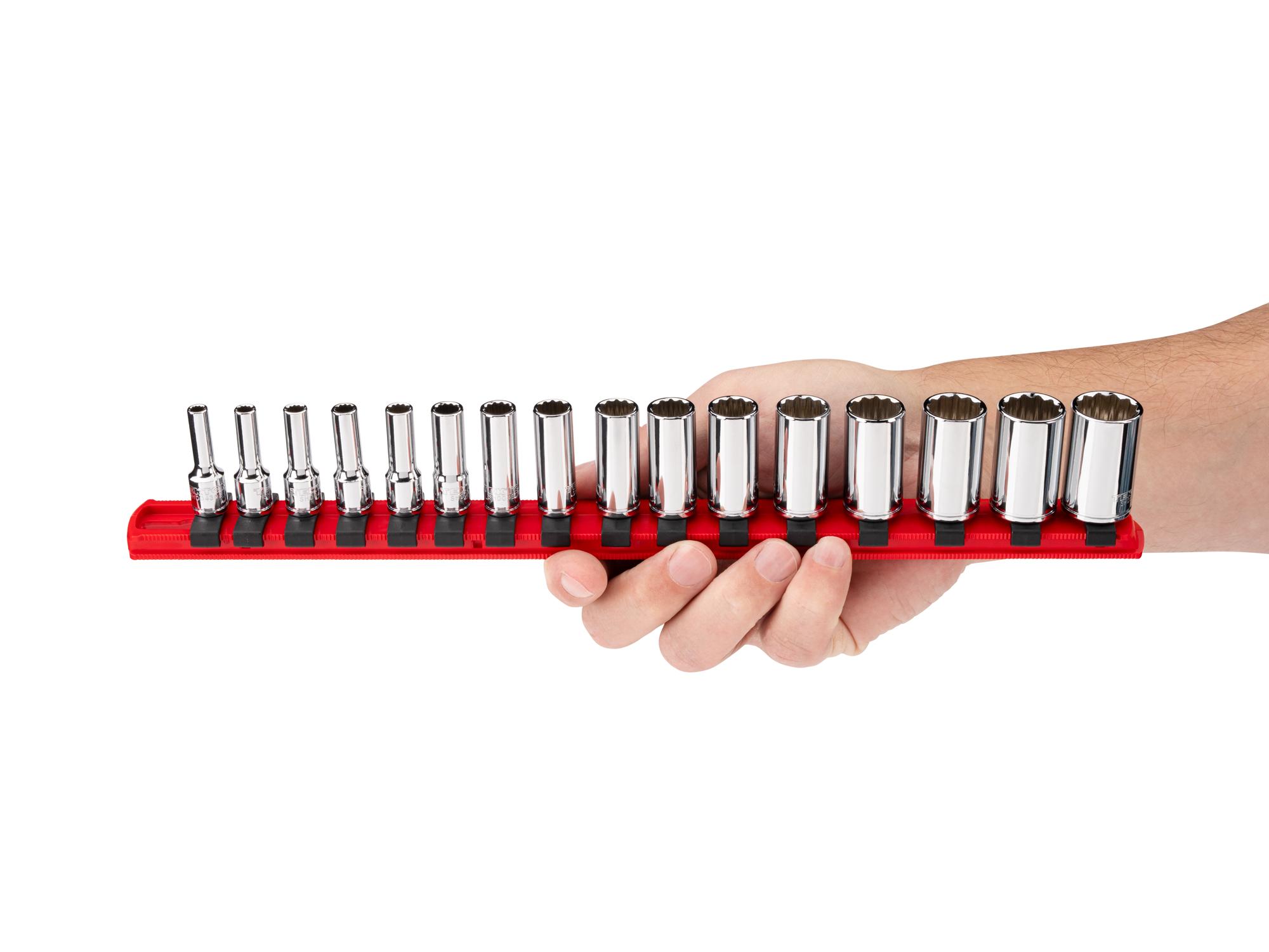 Person holding Tekton rail hand drive 12-point socket set. Item #SHD90138
