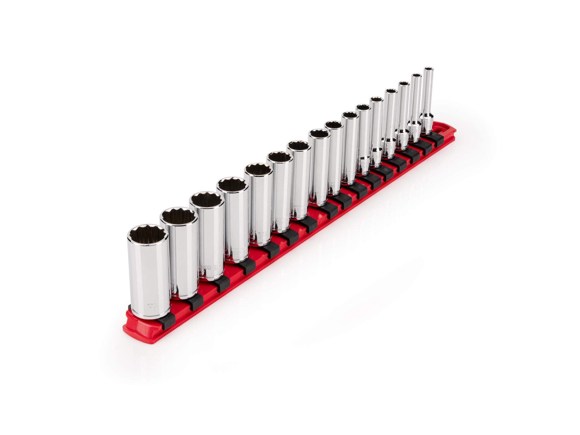 TEKTON 1/4 Inch Drive Deep 12-Point Socket Set with Rail, 16-Piece (4 - 17 mm)