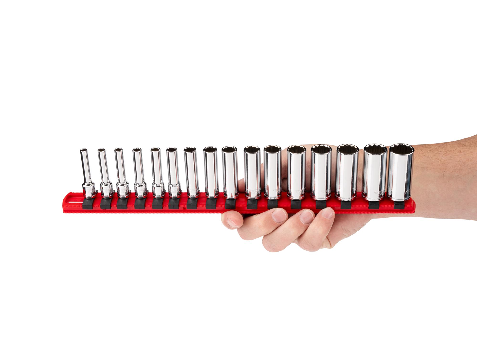 Person holding Tekton rail hand drive 12-point socket set. Item #SHD90139