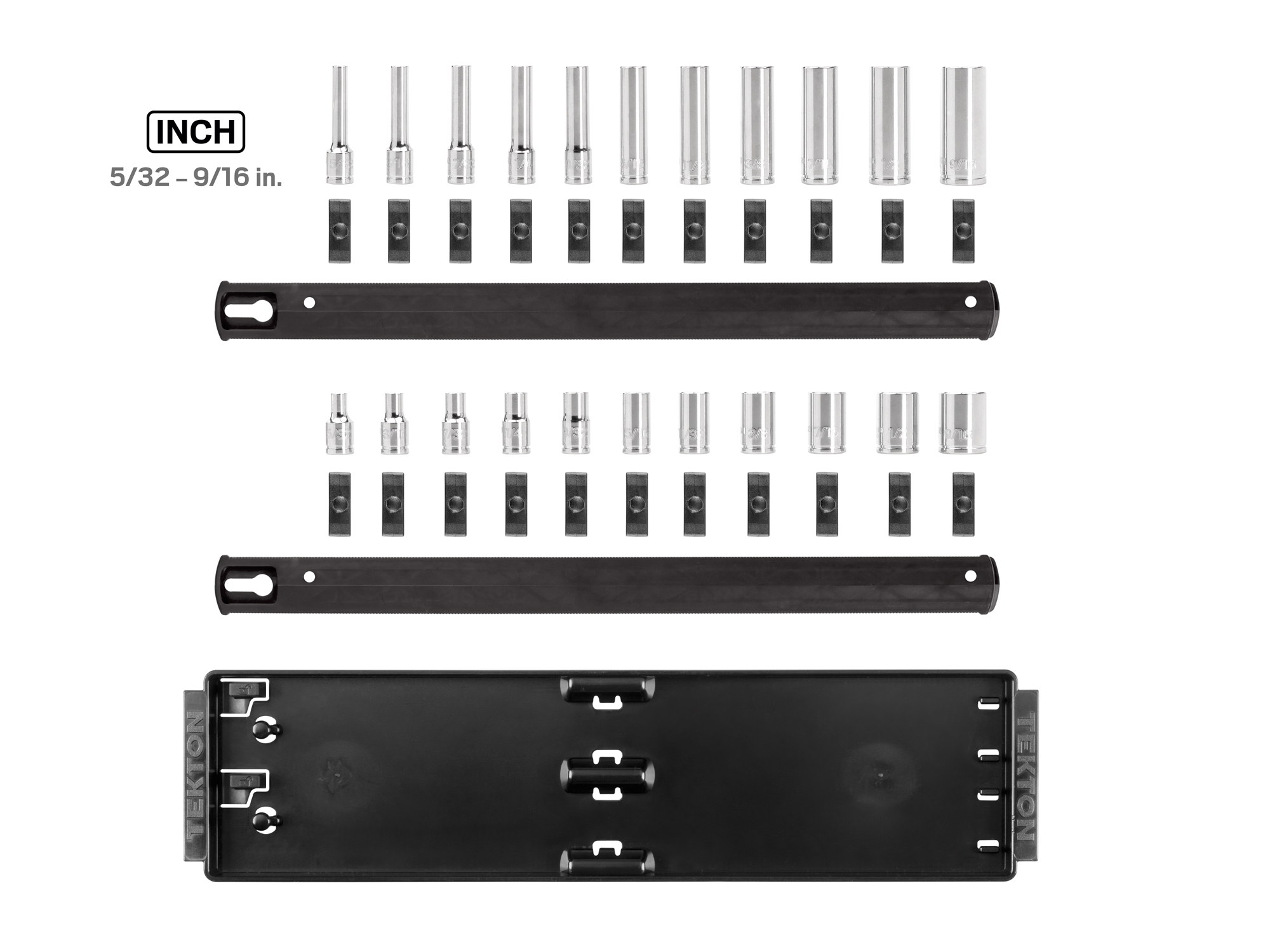 Set includes 5/32–9/16 inch (SAE) 12-point standard and deep sockets. Comes with organization rails and tray. No skipped sizes. SHD90213.