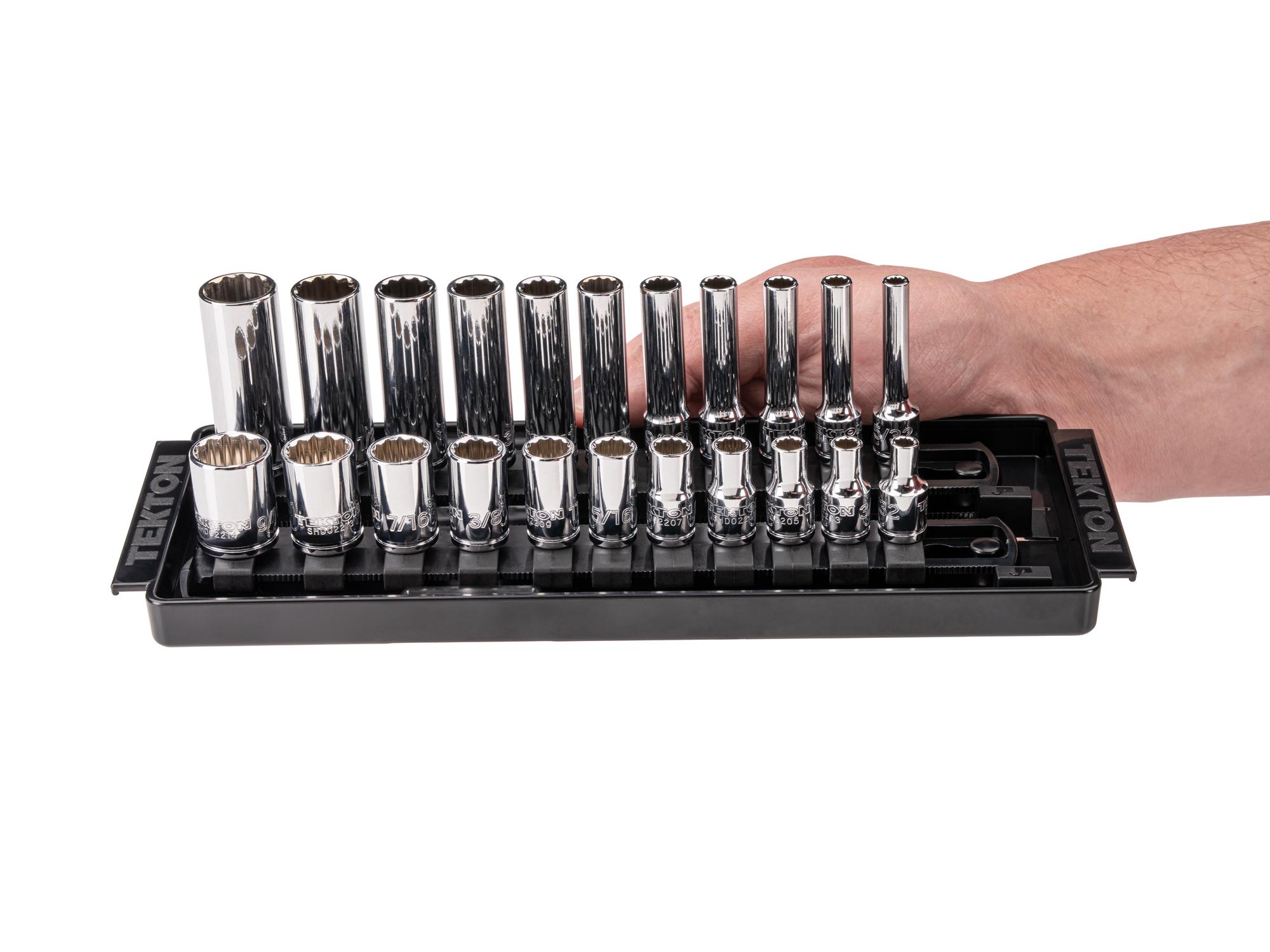 Person holding Tekton rail and tray hand drive 12-point socket set. Item #SHD90213