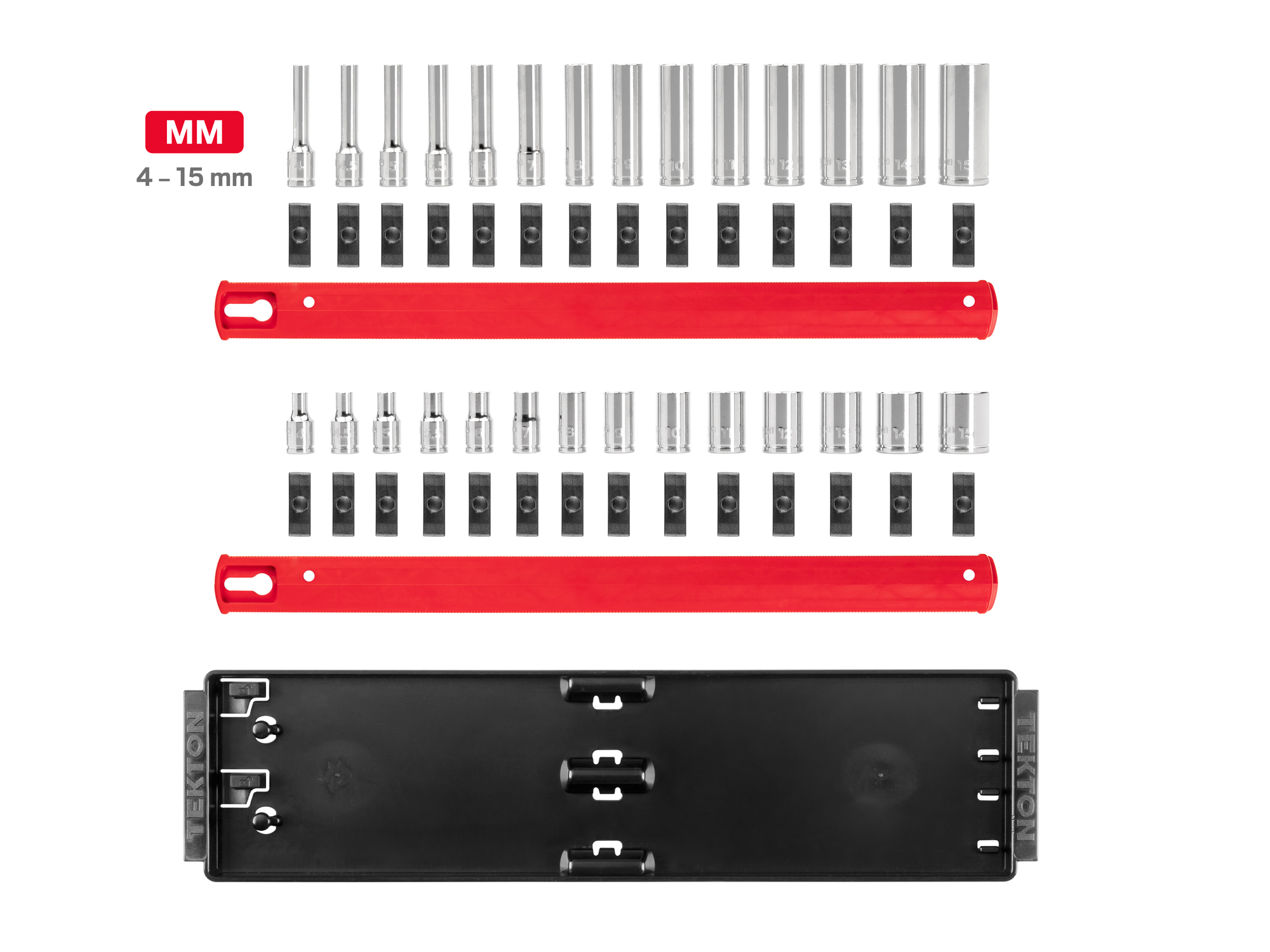 Set includes 4–15 mm (metric) 12-point standard and deep sockets. Comes with organization rails and tray. No skipped sizes. SHD90214.