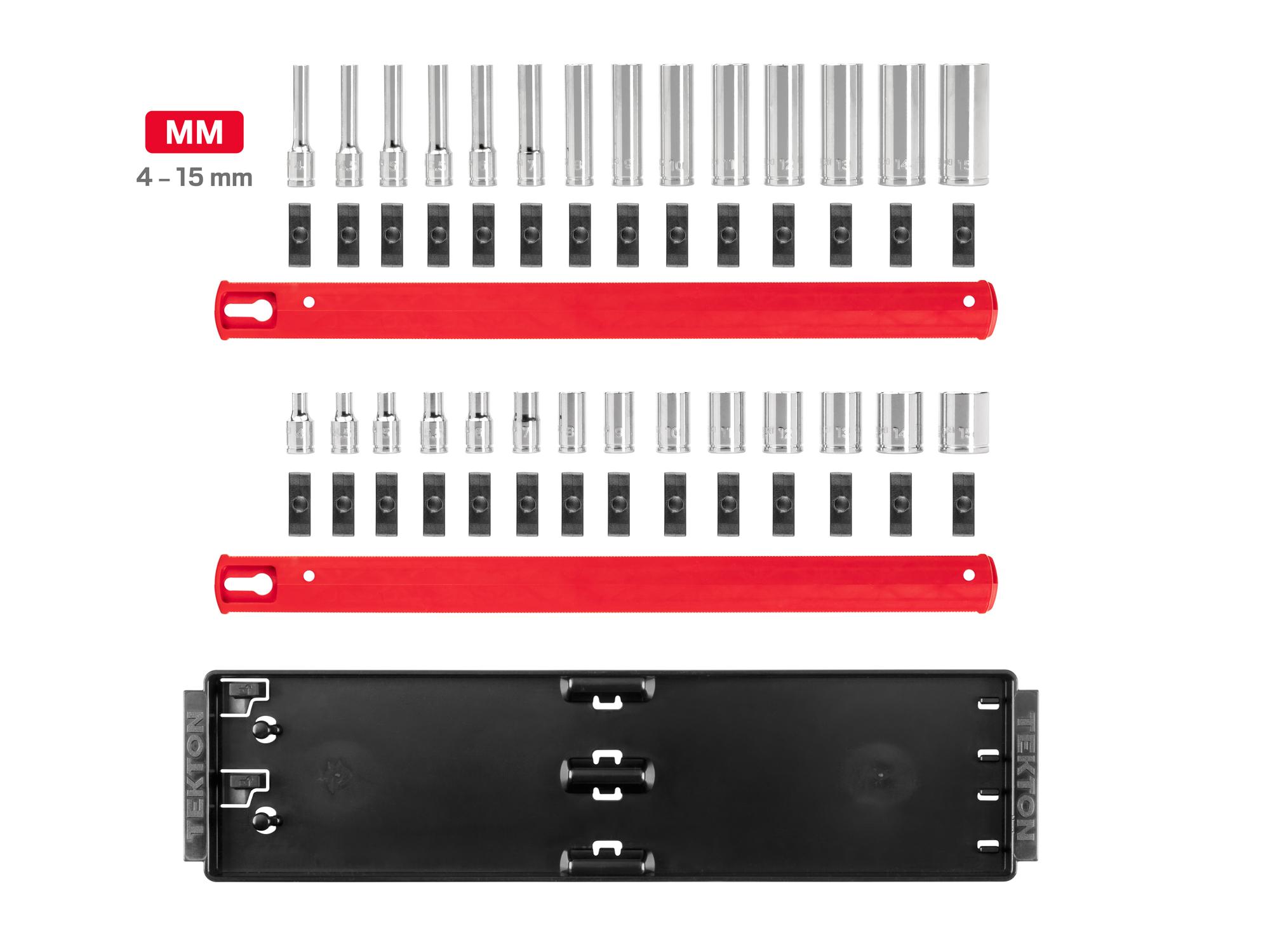 Laid out contents of Tekton rail and tray hand drive 12-point socket set. Item #SHD90214