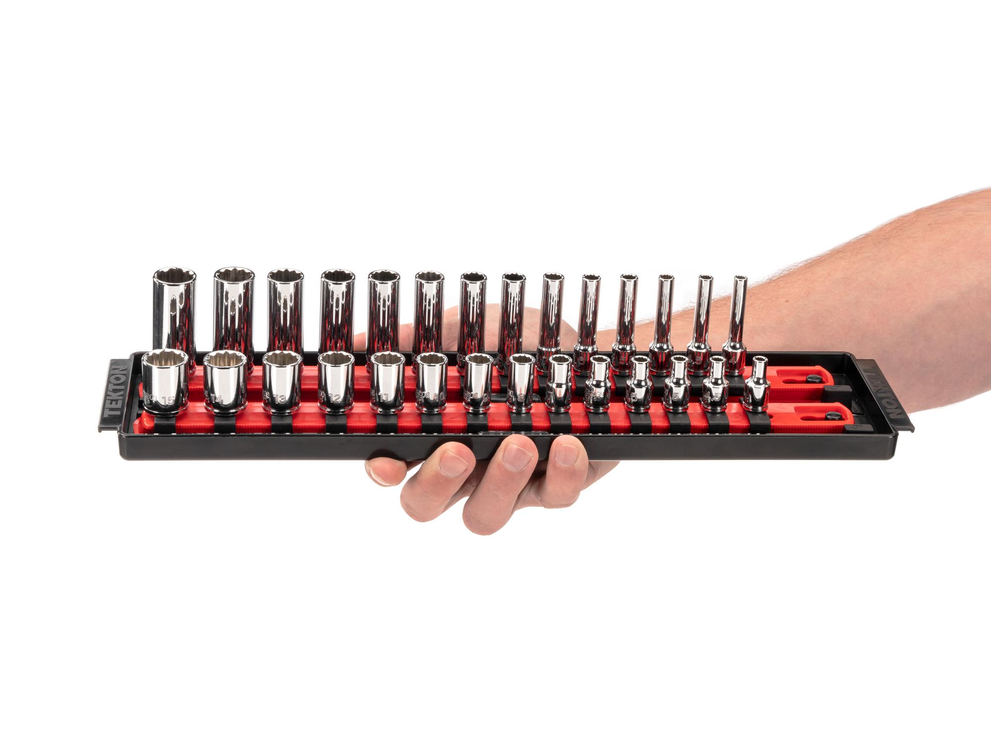 Person holding Tekton rail and tray hand drive 12-point socket set. Item #SHD90214