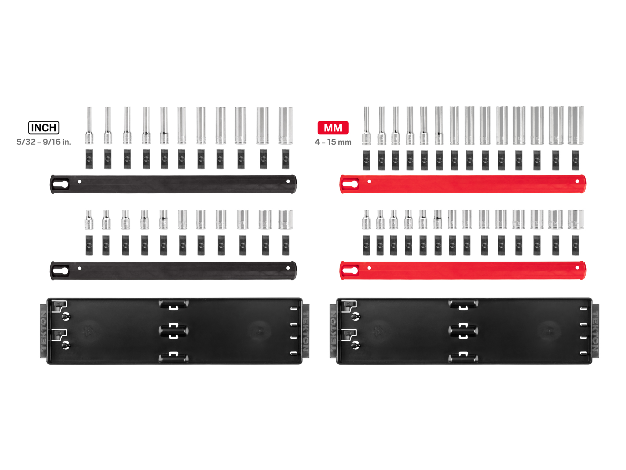 Set includes 5/32–9/16 inch (SAE) and 4–15 mm (metric) 12-point standard and deep sockets. Comes with organization rails and trays. No skipped sizes. SHD90216.