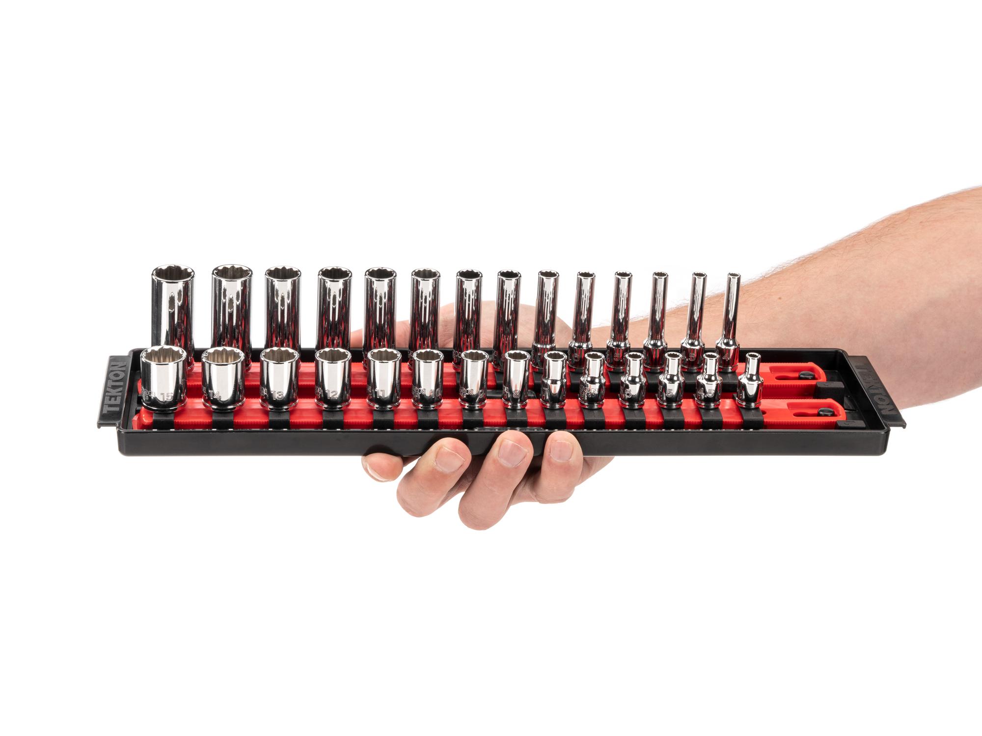 Person holding Tekton rail hand drive 12-point socket set. Item #SHD90216