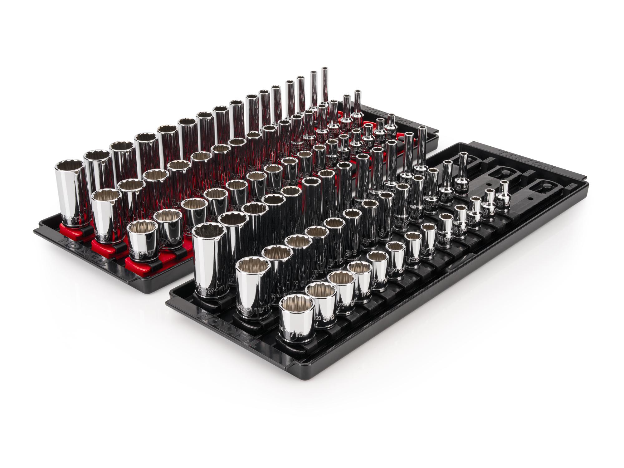 TEKTON 1/4 Inch Drive Shallow, Semi-Deep, and Deep 12-Point Socket Set with Rails and Trays, 87-Piece (5/32 - 11/16 in., 4 - 17 mm)