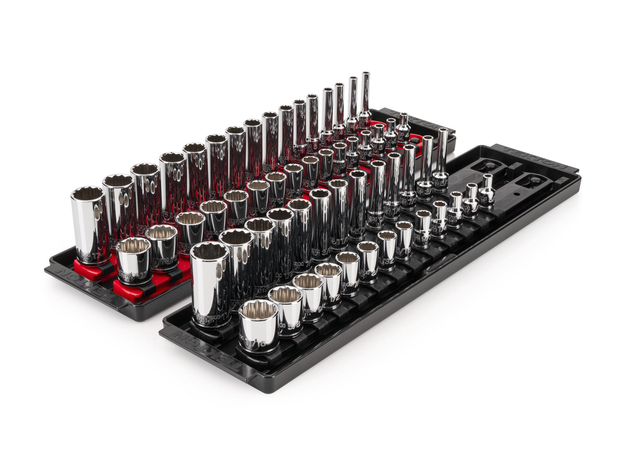 TEKTON 1/4 Inch Drive Shallow and Deep 12-Point Socket Set with Rails and Trays, 58-Piece (5/32 - 11/16 in., 4 - 17 mm)