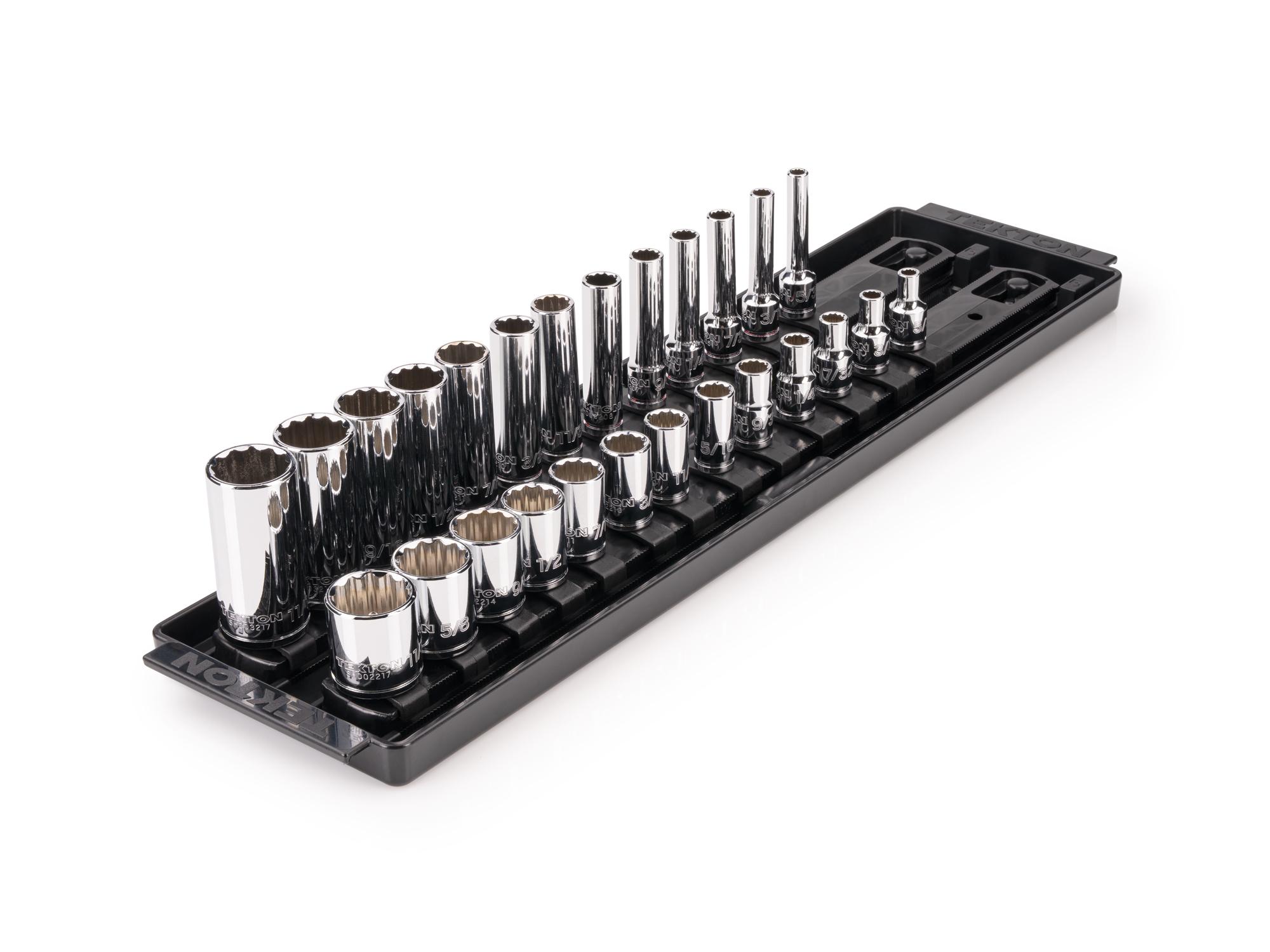 TEKTON 1/4 Inch Drive Shallow and Deep 12-Point Socket Set with Rails and Tray, 26-Piece (5/32 - 11/16 in.)