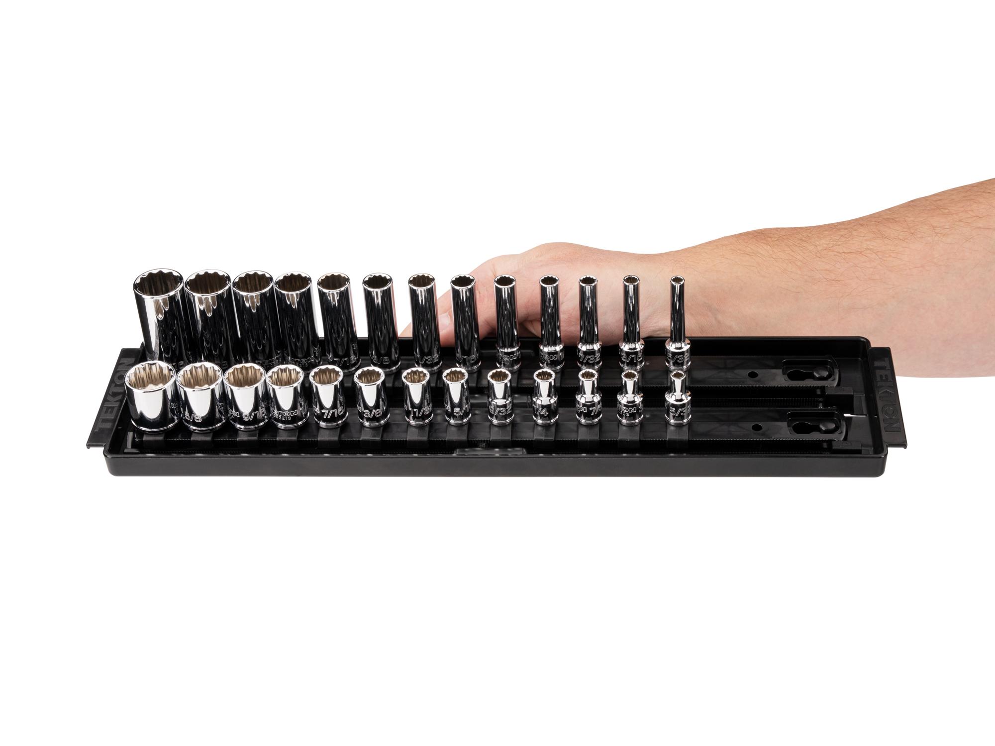 Person holding Tekton rail hand drive 12-point socket set. Item #SHD90226