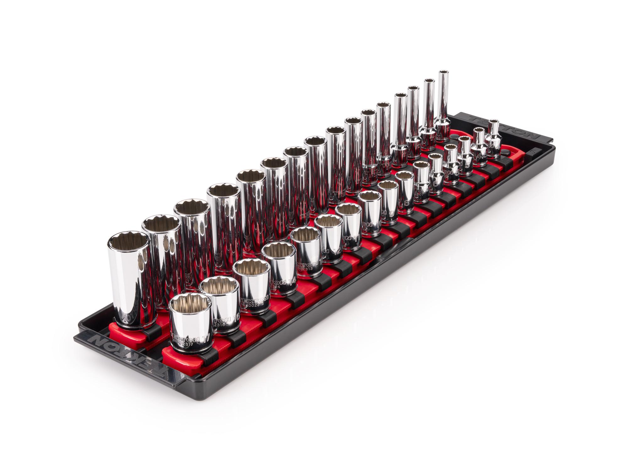 TEKTON 1/4 Inch Drive Shallow and Deep 12-Point Socket Set with Rails and Tray, 32-Piece (4 - 17 mm)