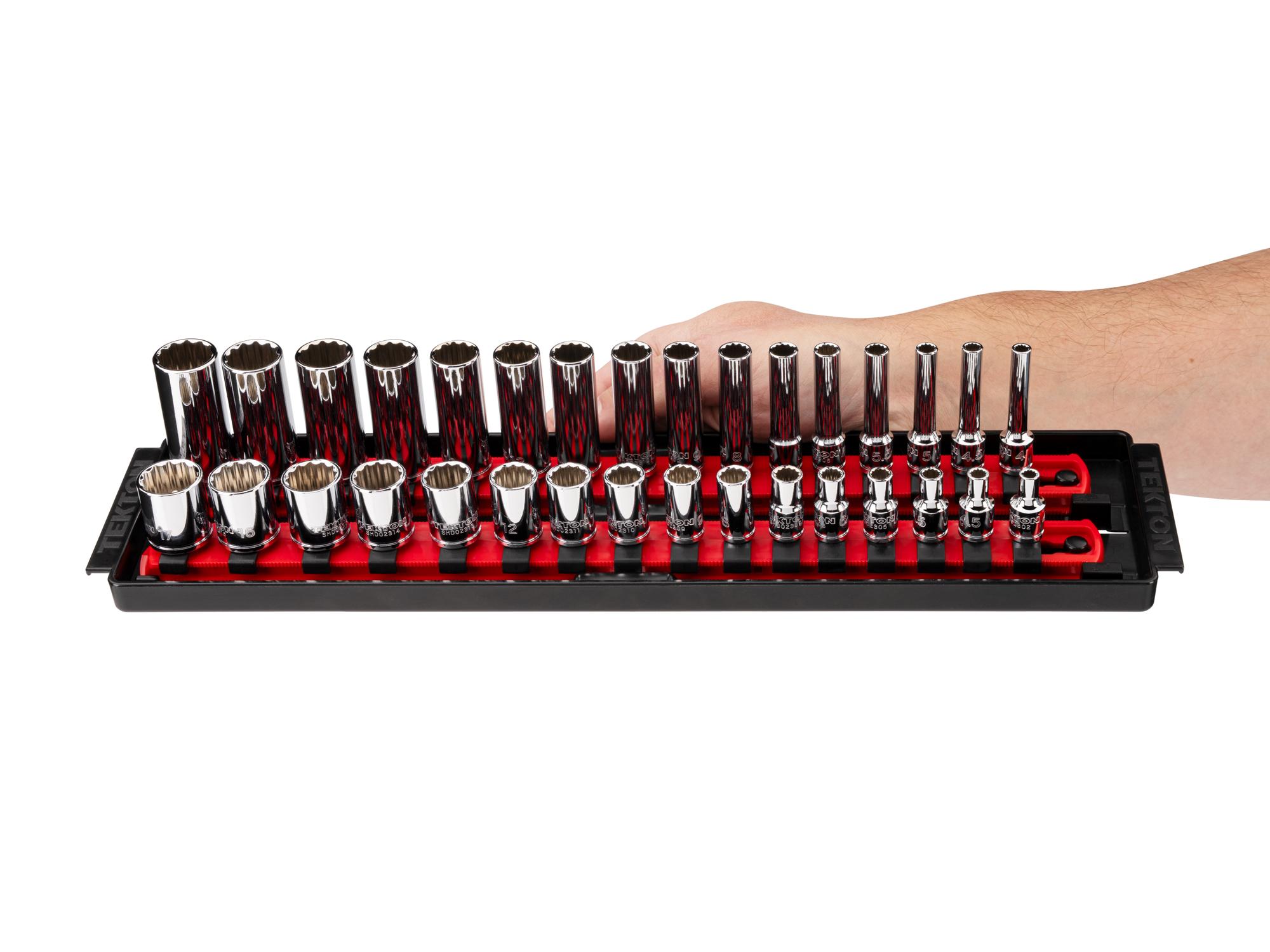 Person holding Tekton rail hand drive 12-point socket set. Item #SHD90227