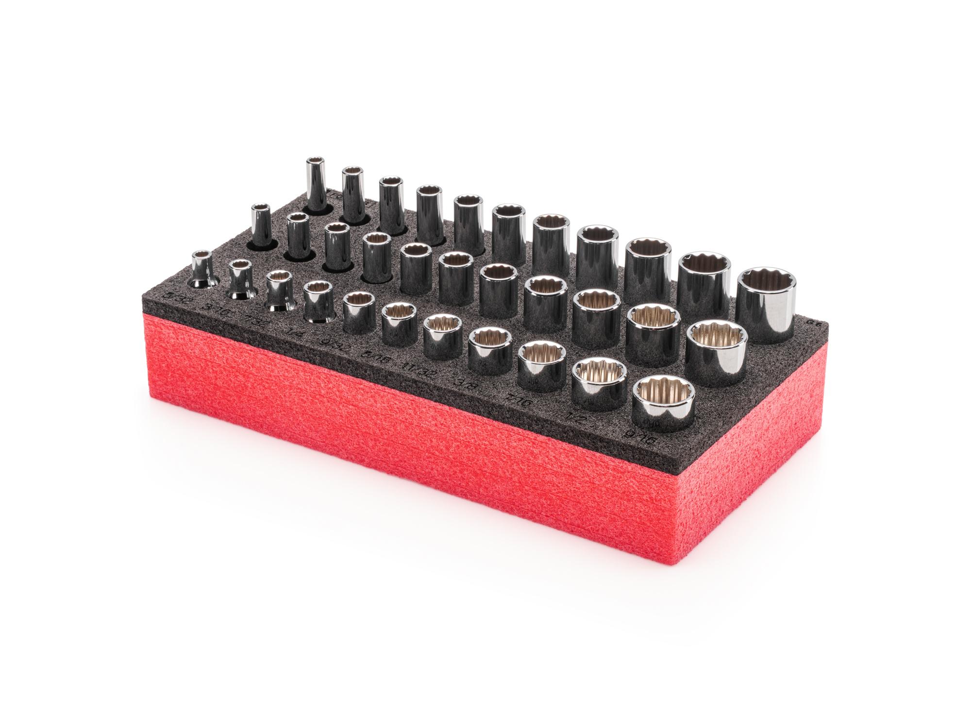Front-right angle view of Tekton foam hand drive 12-point socket set. Item #SHD90802