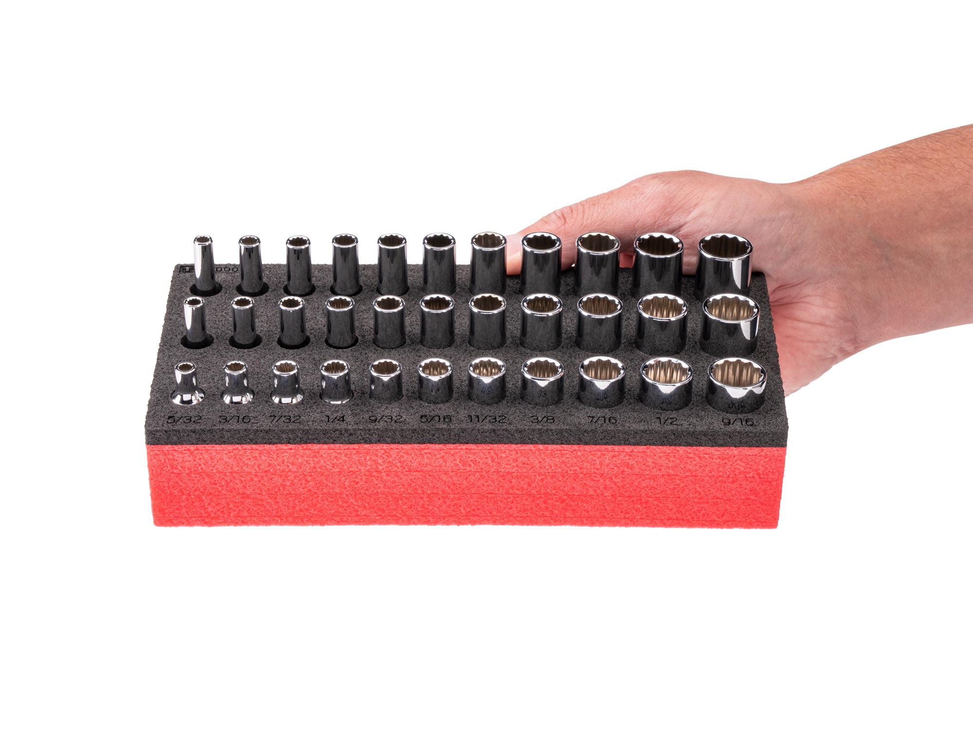 Person holding Tekton foam hand drive 12-point socket set. Item #SHD90802