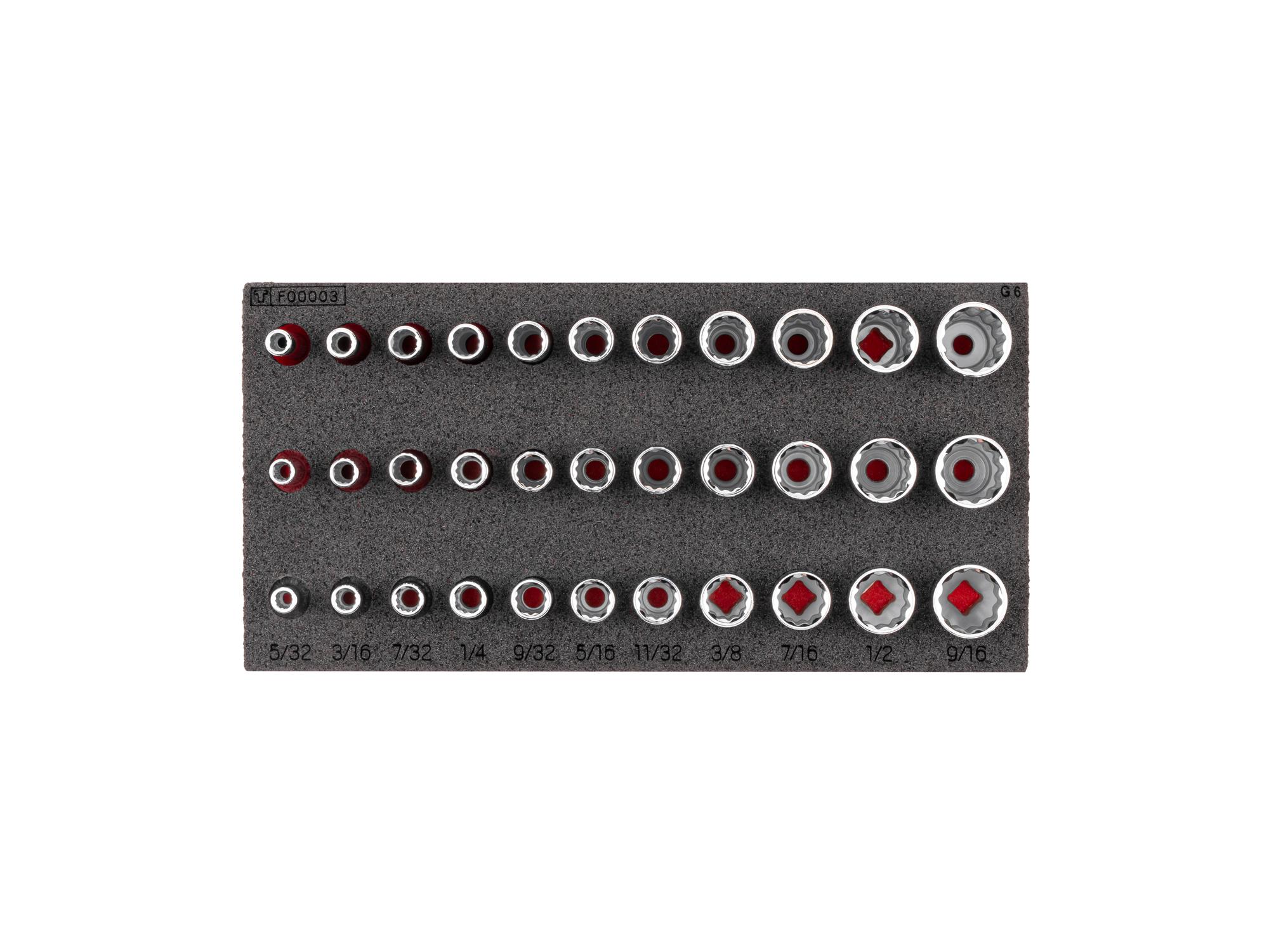 TEKTON 1/4 Inch Drive Shallow, Semi-Deep, and Deep 12-Point Socket Set with 8 x 4 Inch Foam Organizer, 33-Piece (5/32 - 9/16 in.)