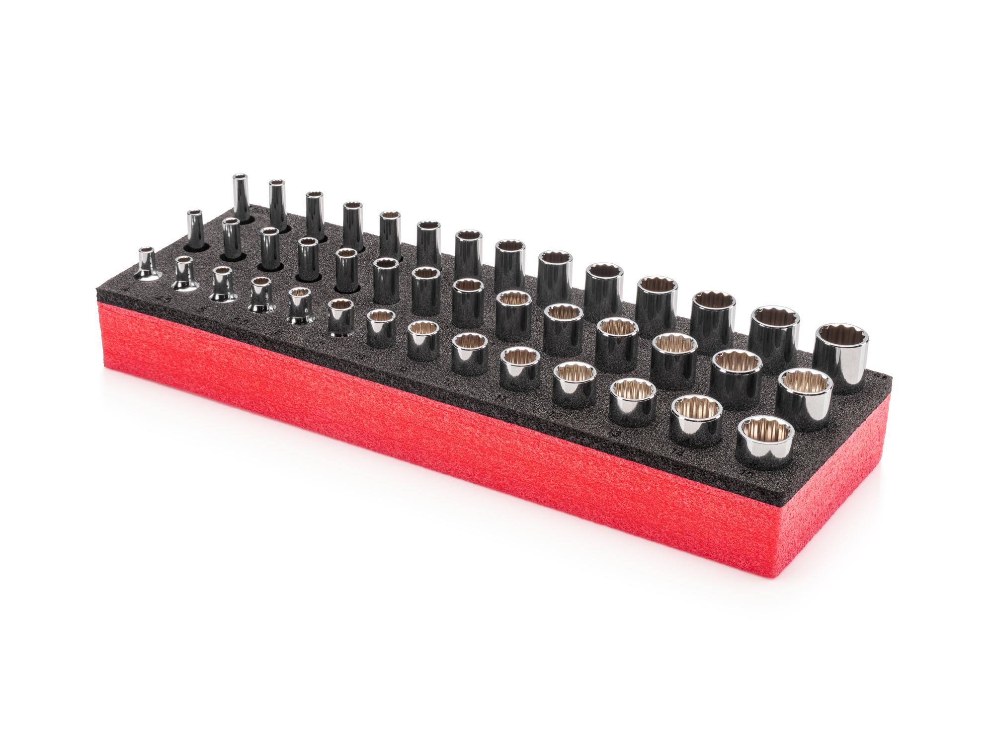 Front-right angle view of Tekton foam hand drive 12-point socket set. Item #SHD90803