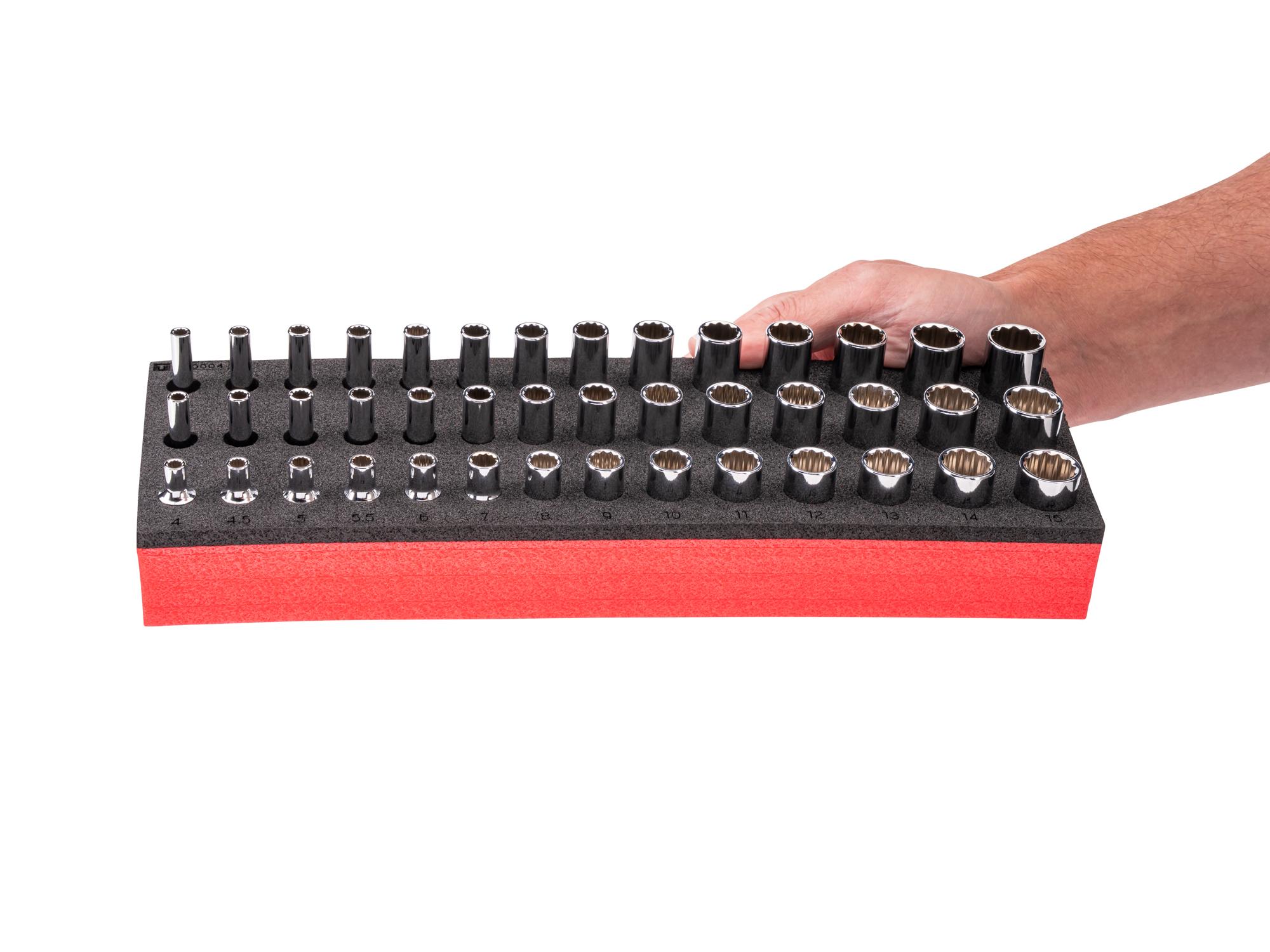 Person holding Tekton foam hand drive 12-point socket set. Item #SHD90803